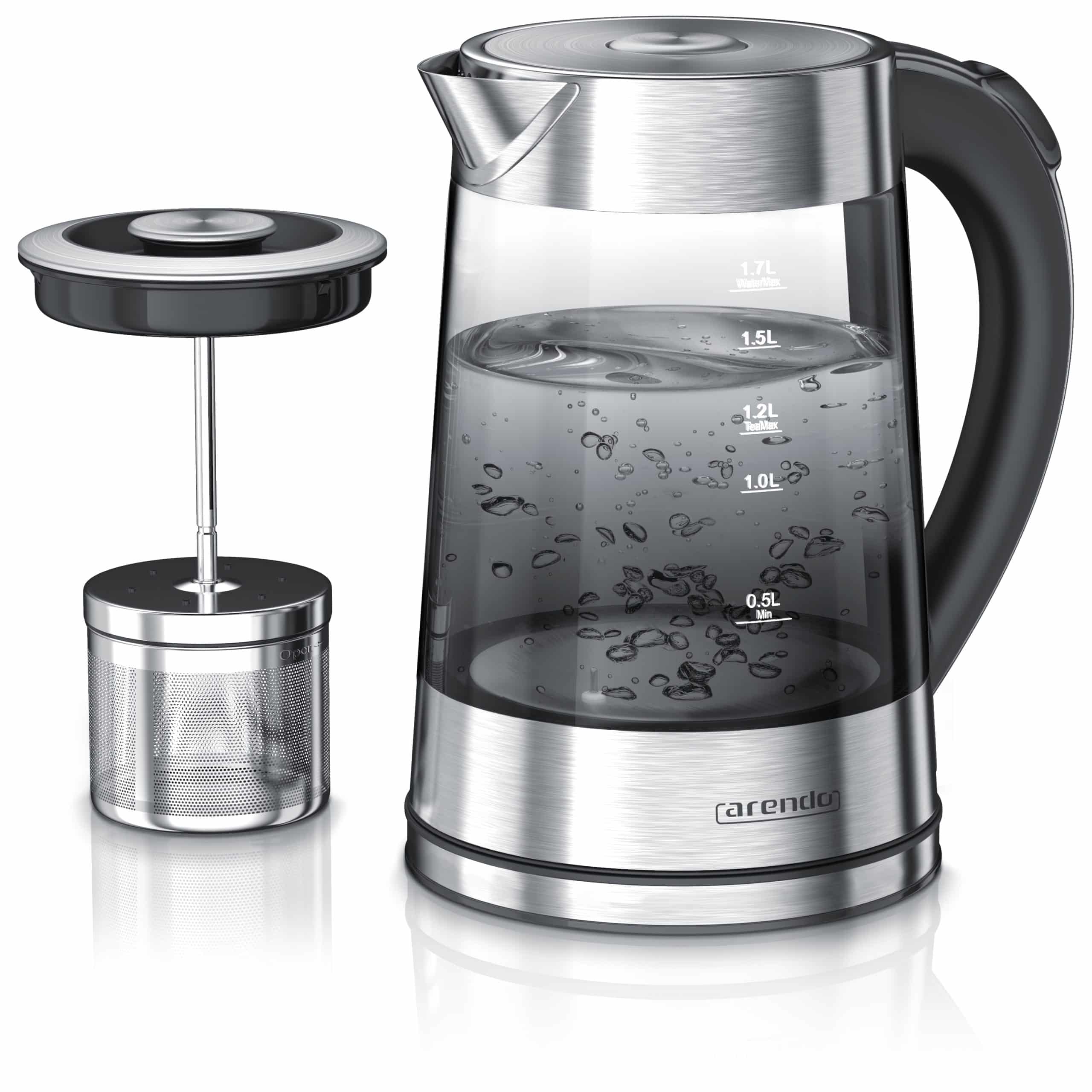 Arendo Edelstahl Glas Wasserkocher mit Teesieb und Rauchglas Teekocher Infusion 1