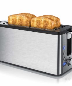 Arendo Edelstahl Toaster Langschlitz 4 Scheiben - Defrost Funktion - wärmeisolierendes Gehäuse - mit integrierten Brötchenaufsatz - Krümelschublade