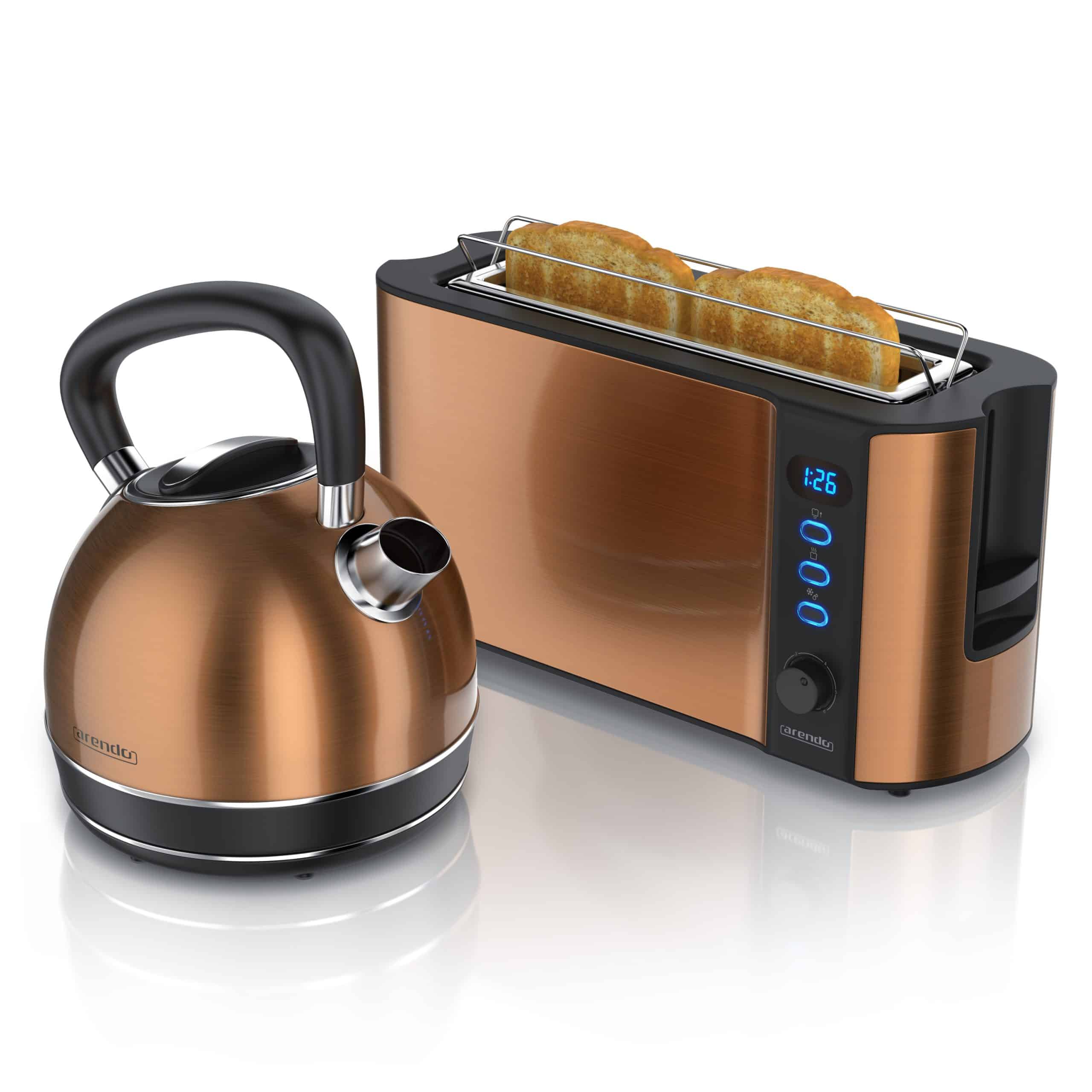 Arendo Frühstücks-Set 2-teilig in Kupferoptik - Edelstahl Wasserkocher & Langschlitztoaster