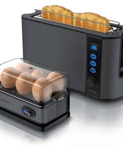Arendo Frühstücks Set in Grau Edelstahl - Langschlitz Toaster und Eierkocher