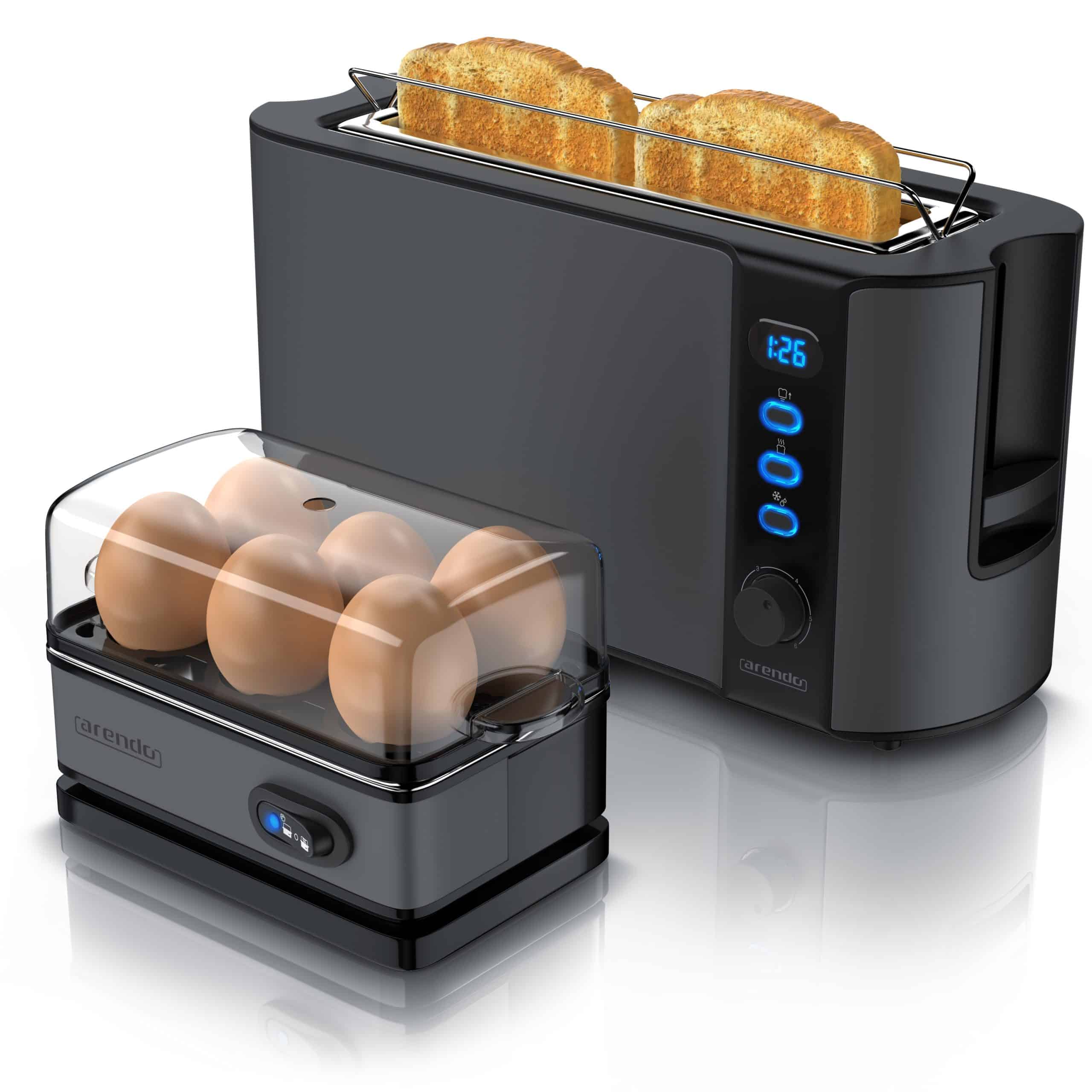 Arendo Frühstücks Set in Grau Edelstahl - Langschlitz Toaster und Eierkocher