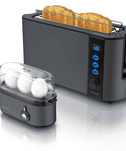 Arendo Frühstücks Set in Grau - Eierkocher und Edelstahl Langschlitz Toaster
