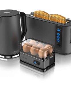 Arendo Frühstücks Set in Grau - Wasserkocher / Langschlitz Toaster / Eierkocher