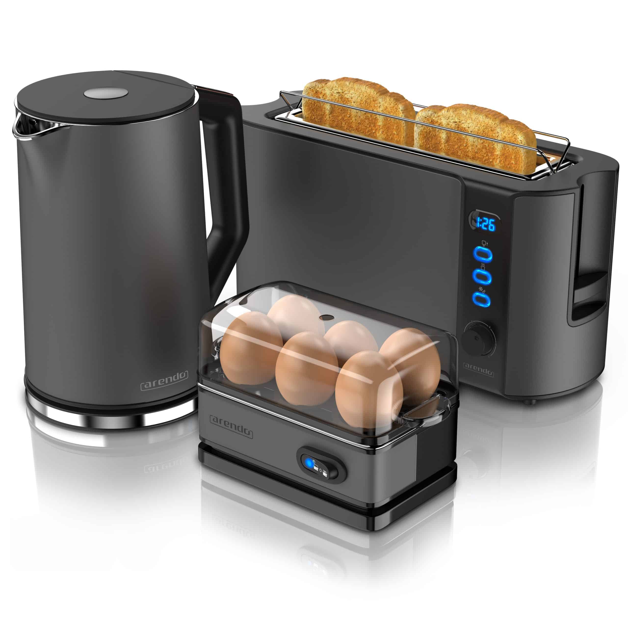 Arendo Frühstücks Set in Grau - Wasserkocher / Langschlitz Toaster / Eierkocher