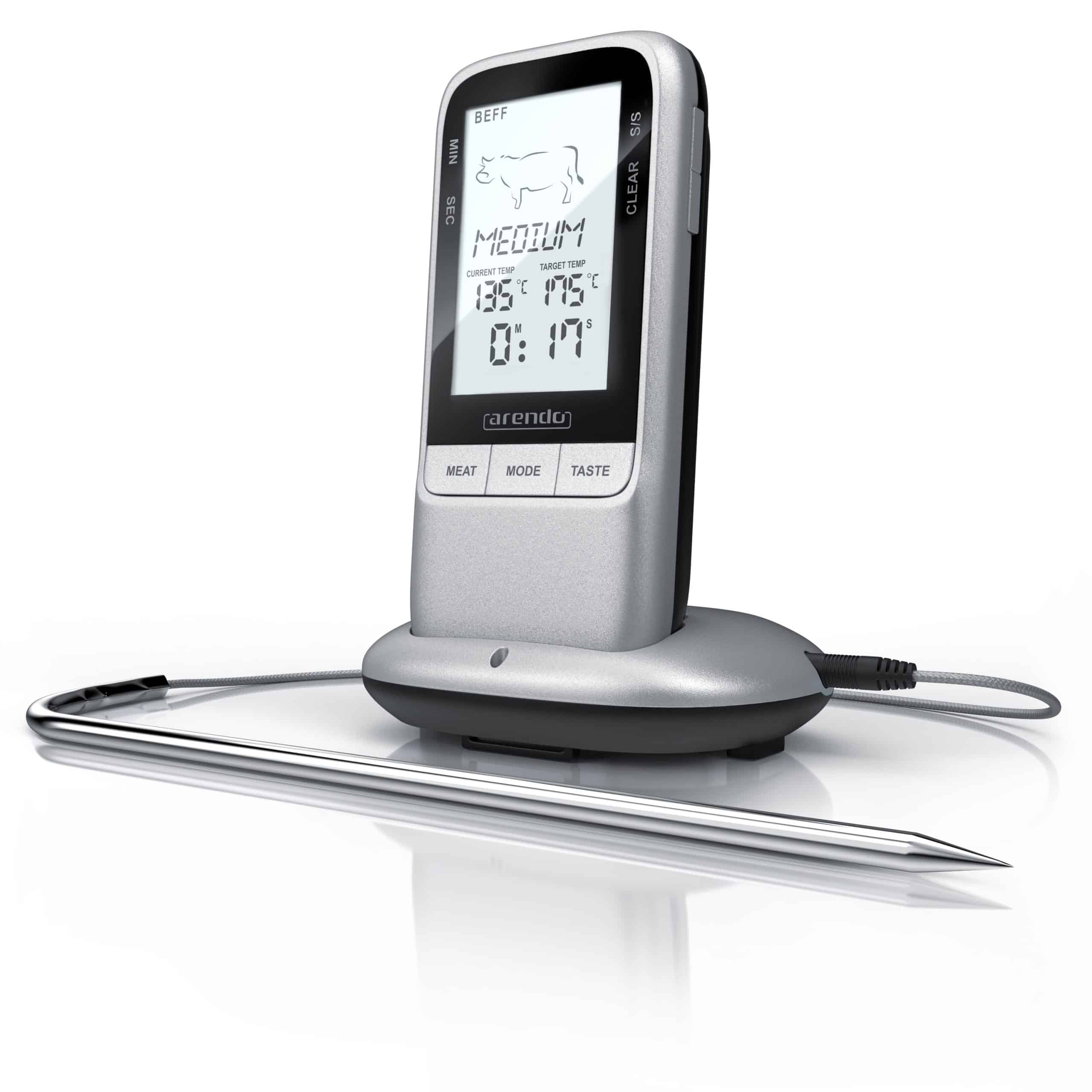 Arendo Grillthermometer digital Funk Kabellos - Fleischthermometer mit Edelstahlsonde - Kerntemperatur - Alarm - BBQ Steak Grill Meat Fleisch