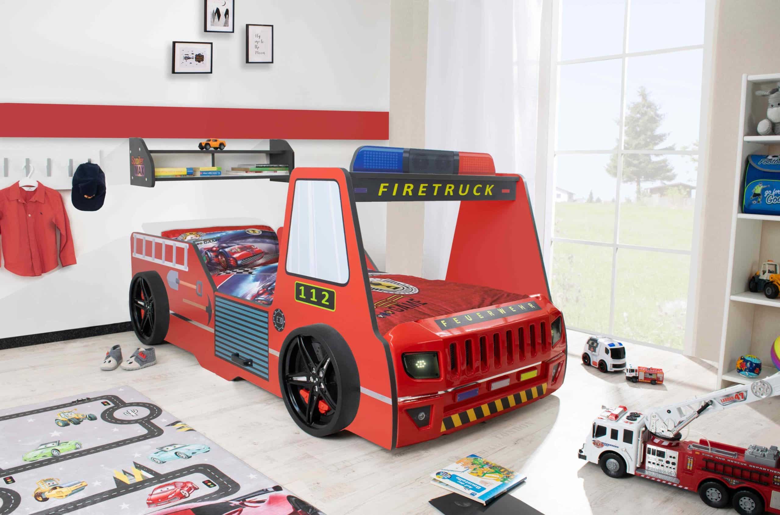 Autobett Kinder 90x200 cm Feuerwehrbett "Rio Firetruck" mit LED-Licht und Sirenenoptik