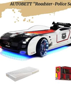 Autobett Kinderbett "Roadster Police" LED Sound Sportsitze Lattenrost Spoiler 90x190 cm