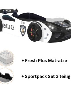 Autobett "Police" + Sportsitze Spielbett für Kinder 90x200 inkl. Lattenrost und Fresh Plus Matratze