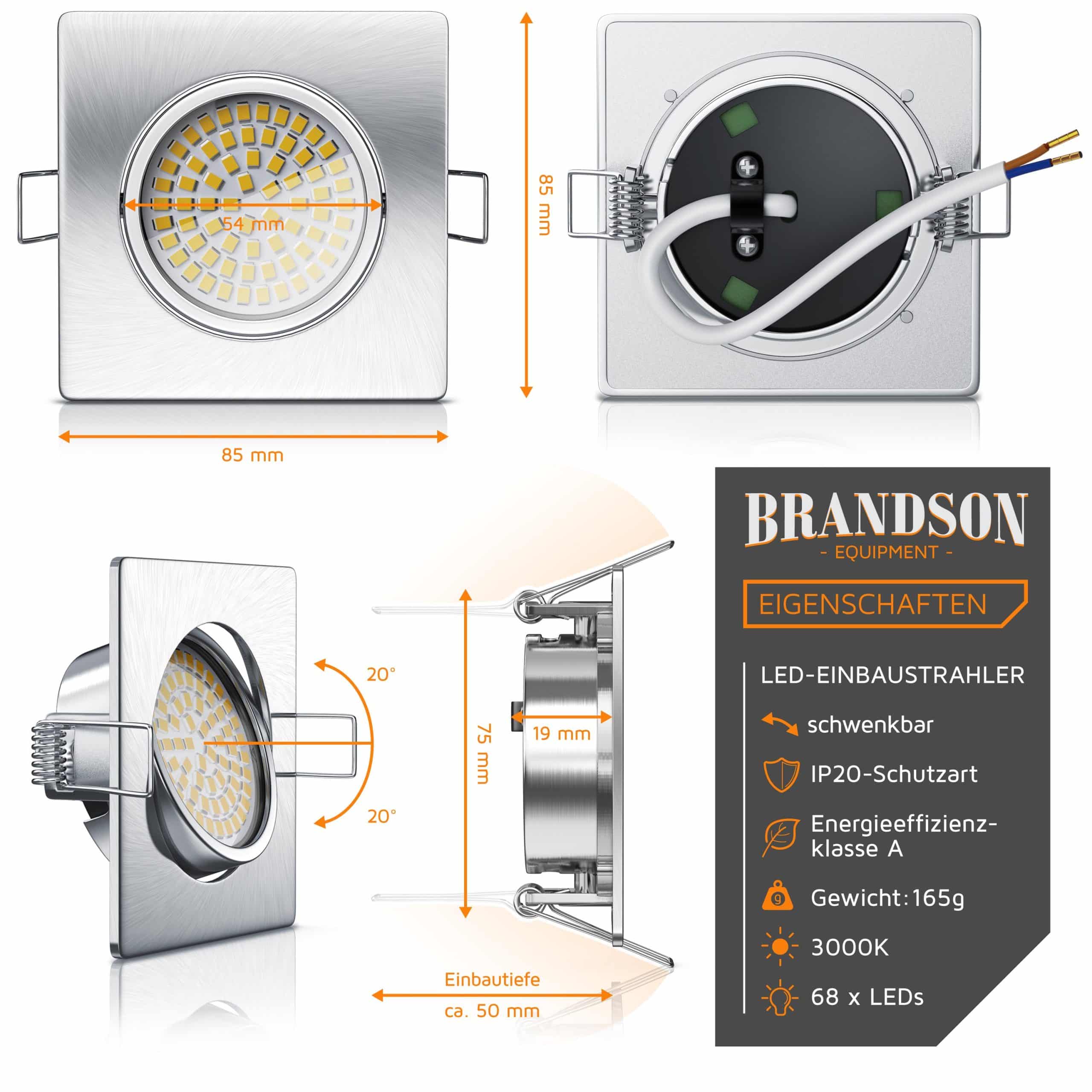Brandson schwenkbarer LED Einbaustrahler in Edelstahl Optik Deckenspot mit 320 Lumen / Warmweiß