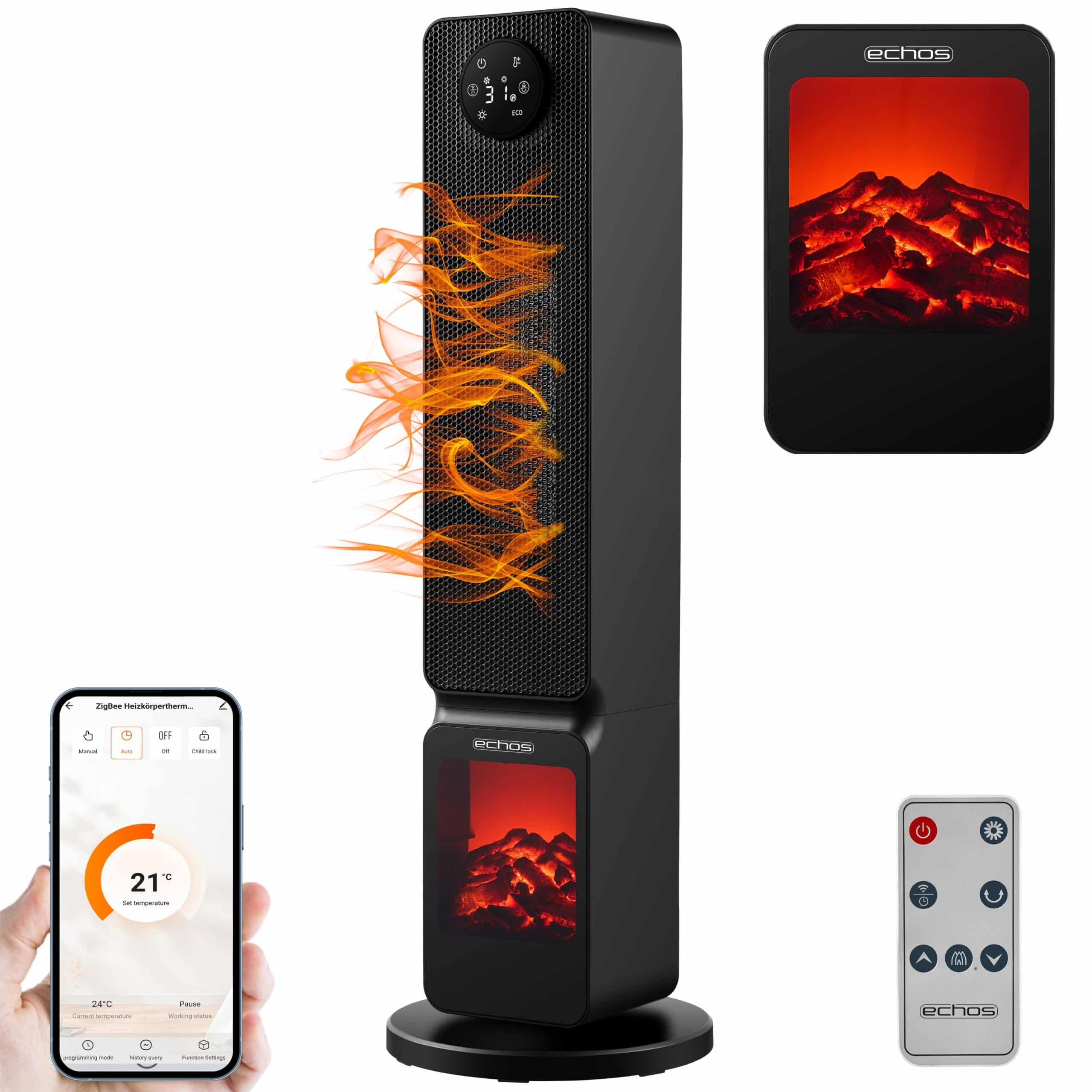 Echos Wifi Heizlüfter mit Kaminillusion 2000W Smart Life App