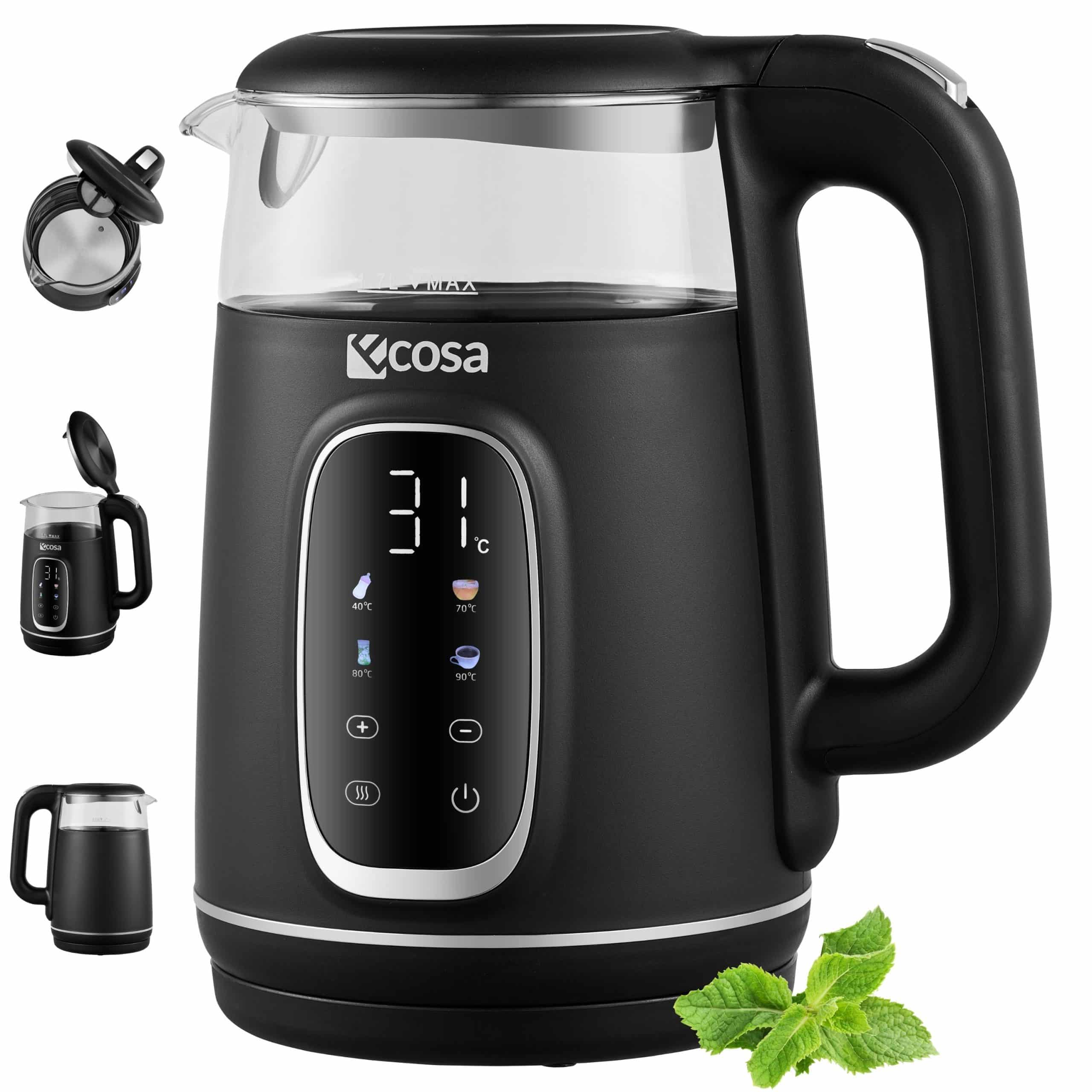 Ecosa Glas Wasserkocher m. Temperatureinstellung Farb-Touchdisplay 1.7L 2200W Schwarz