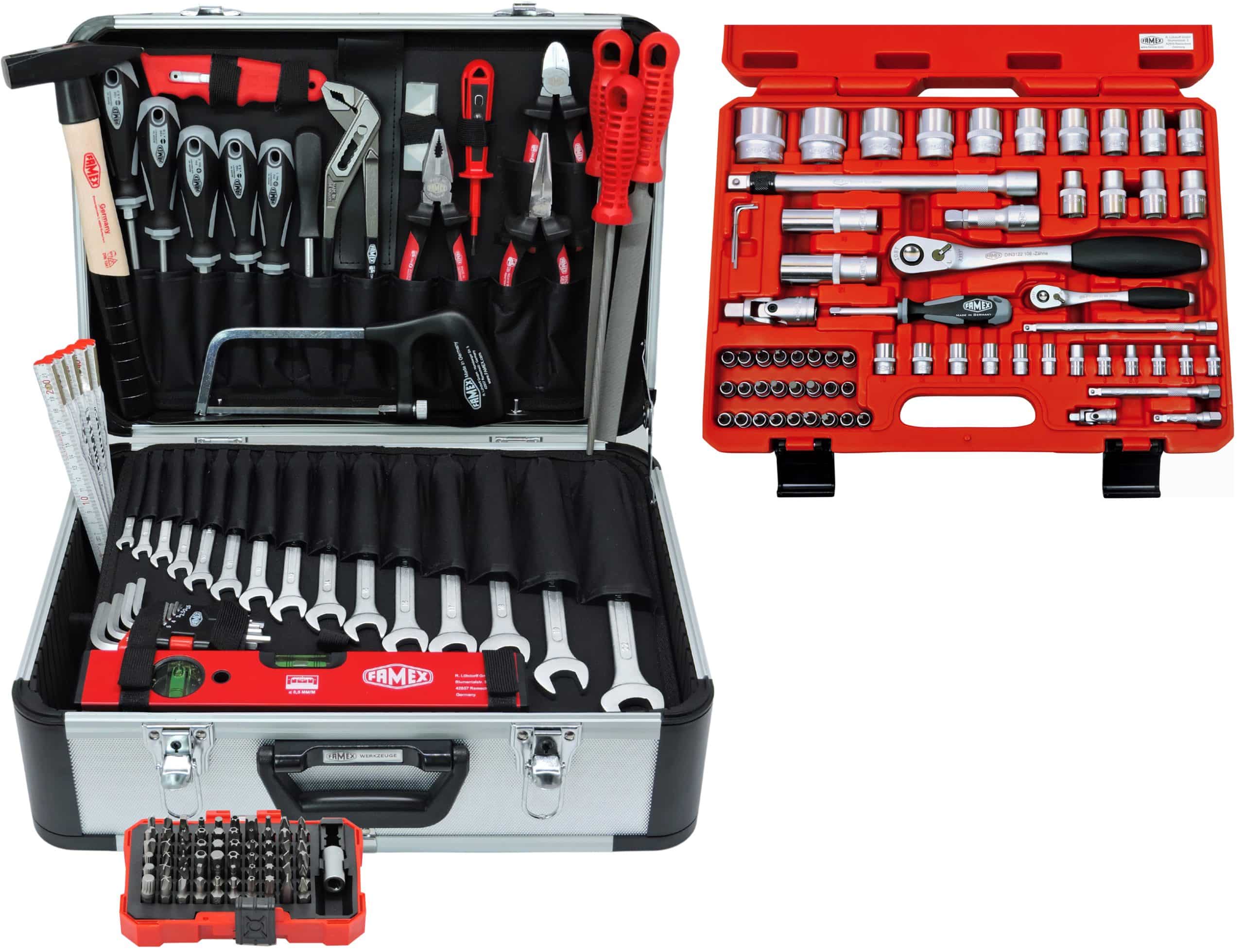 FAMEX 729-17 Werkzeugkoffer gefüllt mit Werkzeug und Steckschlüsselsatz