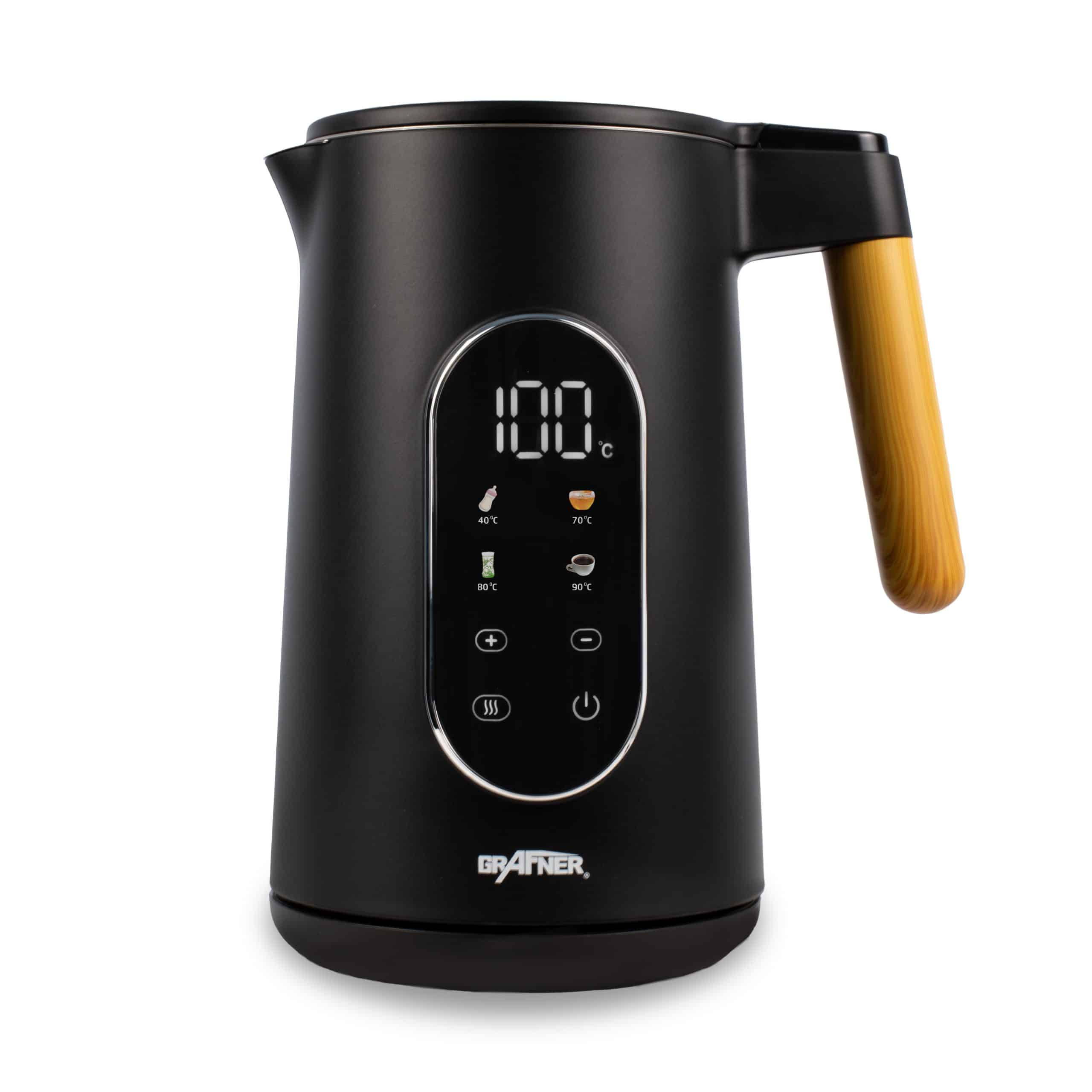 Grafner Wasserkocher Edelstahl Holzdekor mit Temperatureinstellung und Display schwarz 2200W 1