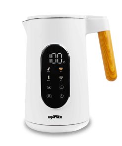 Grafner Wasserkocher Edelstahl Holzdekor mit Temperatureinstellung und Display weiß 2200 Watt 1
