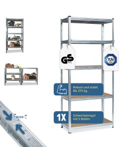 Grafner® Lagerregal 172x75x30 cm mit 5 Böden max. 375 kg Metall verzinkt Kellerregal Schwerlastregal