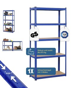Grafner® Lagerregal 180x90x40 cm mit 5 Böden max. 875 kg Metall Blau Kellerregal Schwerlastregal Ste