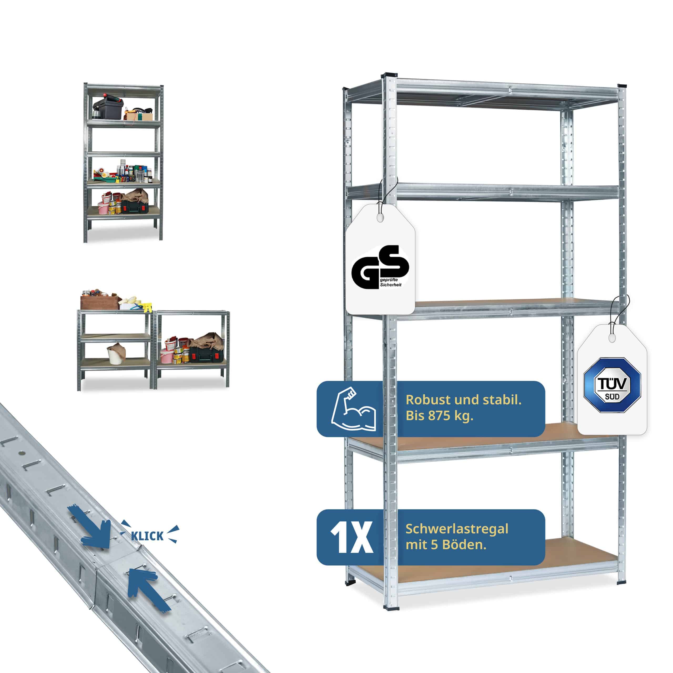 Grafner® Lagerregal 180x90x40 cm mit 5 Böden max. 875 kg Metall verzinkt Kellerregal Schwerlastregal