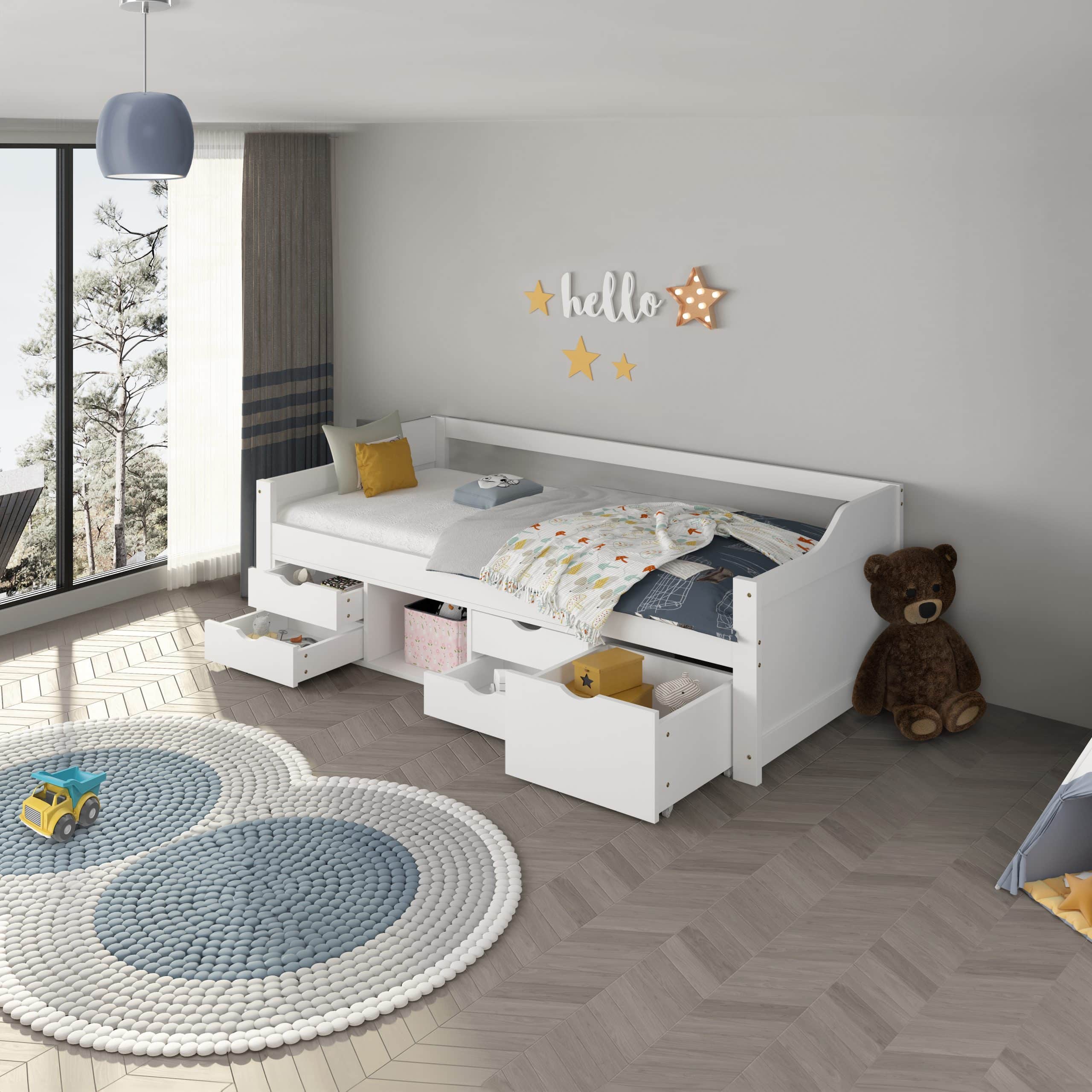 HOME DELUXE Kinderbett COSMOS mit Schubladen - 90 x 200 cm Weiß