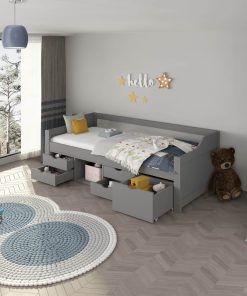 HOME DELUXE Kinderbett COSMOS mit Schubladen und Matratze – 90 x 200 cm Grau