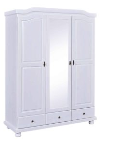 Inter Link Bauernschrank mit Spiegel Reutte 3 Türen und Schubladen Kiefer Massivholz weiss lackiert