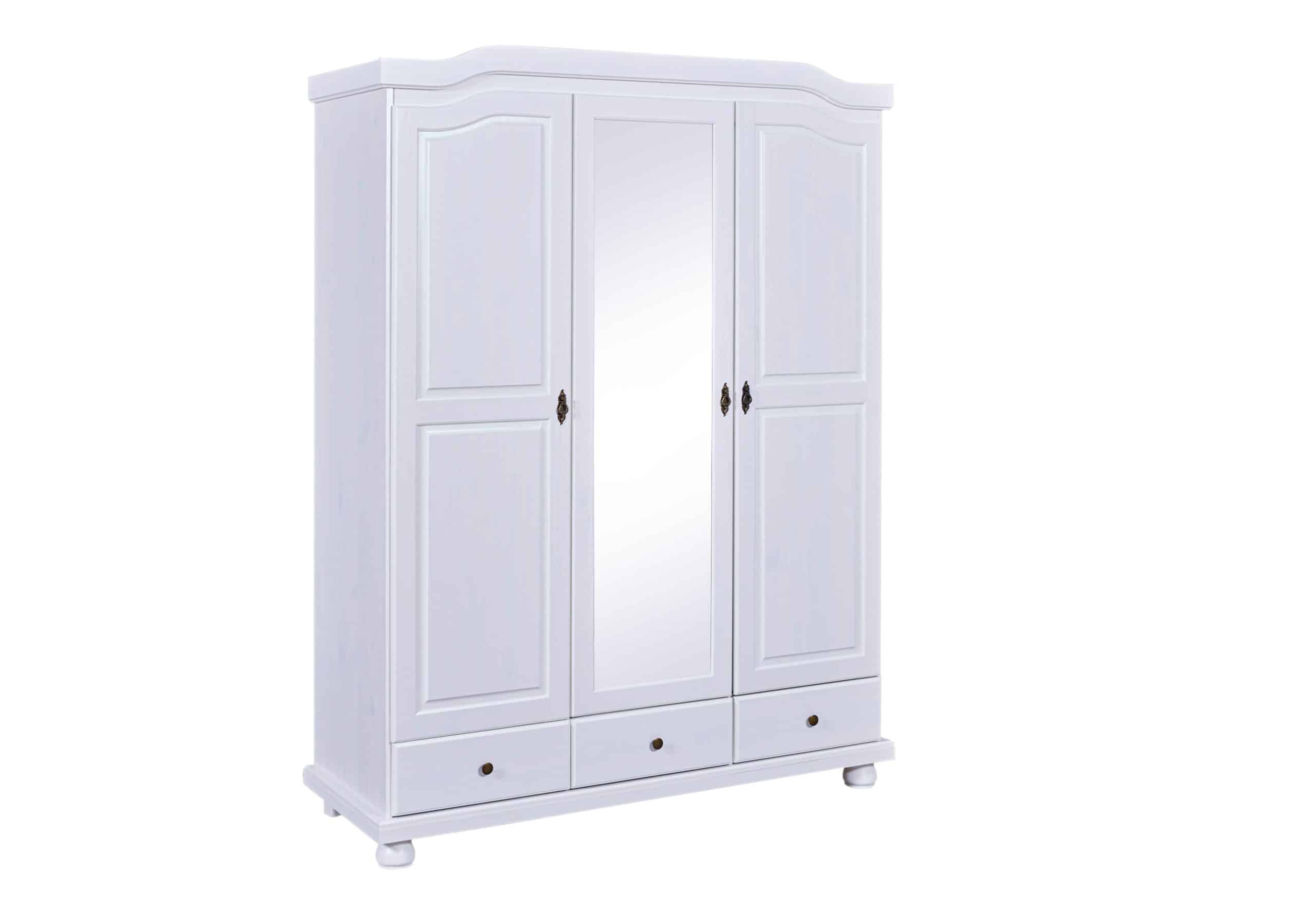 Inter Link Bauernschrank mit Spiegel Reutte 3 Türen und Schubladen Kiefer Massivholz weiss lackiert