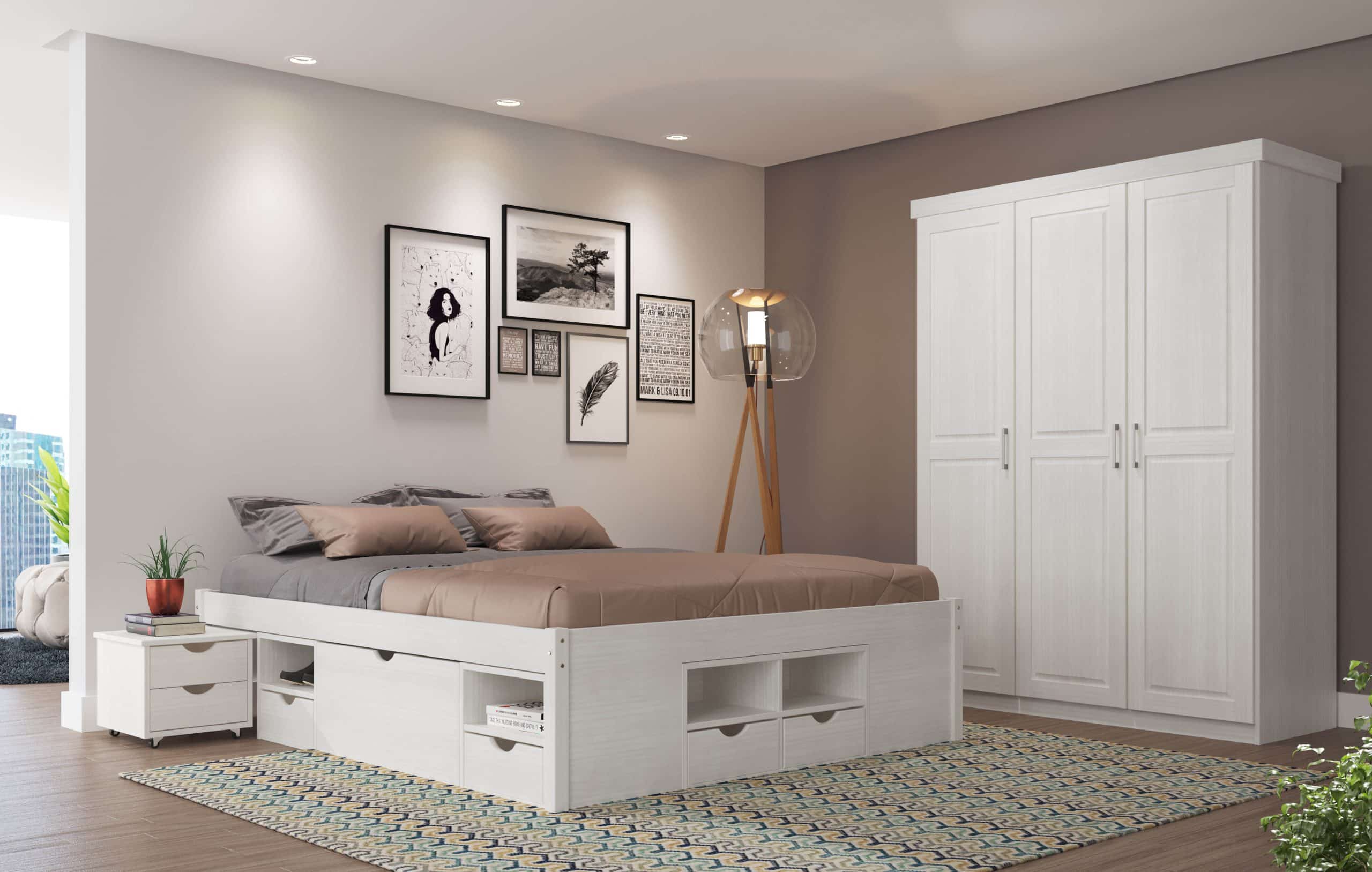 Inter Link Bett mit Stauraum Till inkl. Nachtkommode und Lattenrost 160x200 - Weiß