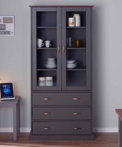 Inter Link FSC Vitrine Westerland mit 3 Schubladen und 2 Glastüren - Kiefer Massivholz - Grau