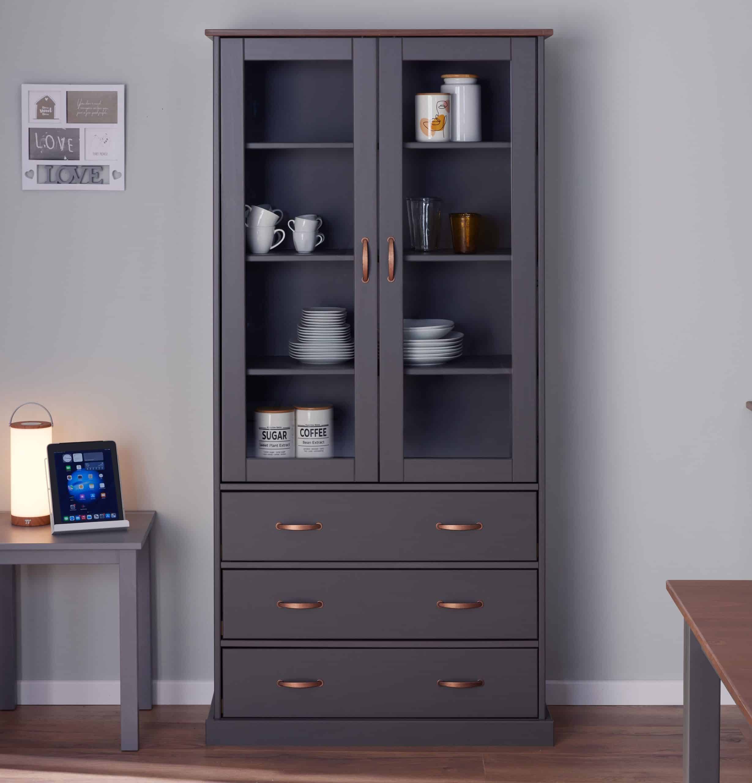 Inter Link FSC Vitrine Westerland mit 3 Schubladen und 2 Glastüren - Kiefer Massivholz - Grau