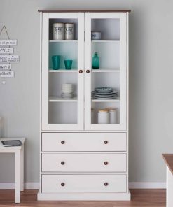 Inter Link FSC Vitrine Westerland mit 3 Schubladen und 2 Glastüren - Kiefer Massivholz - Weiss