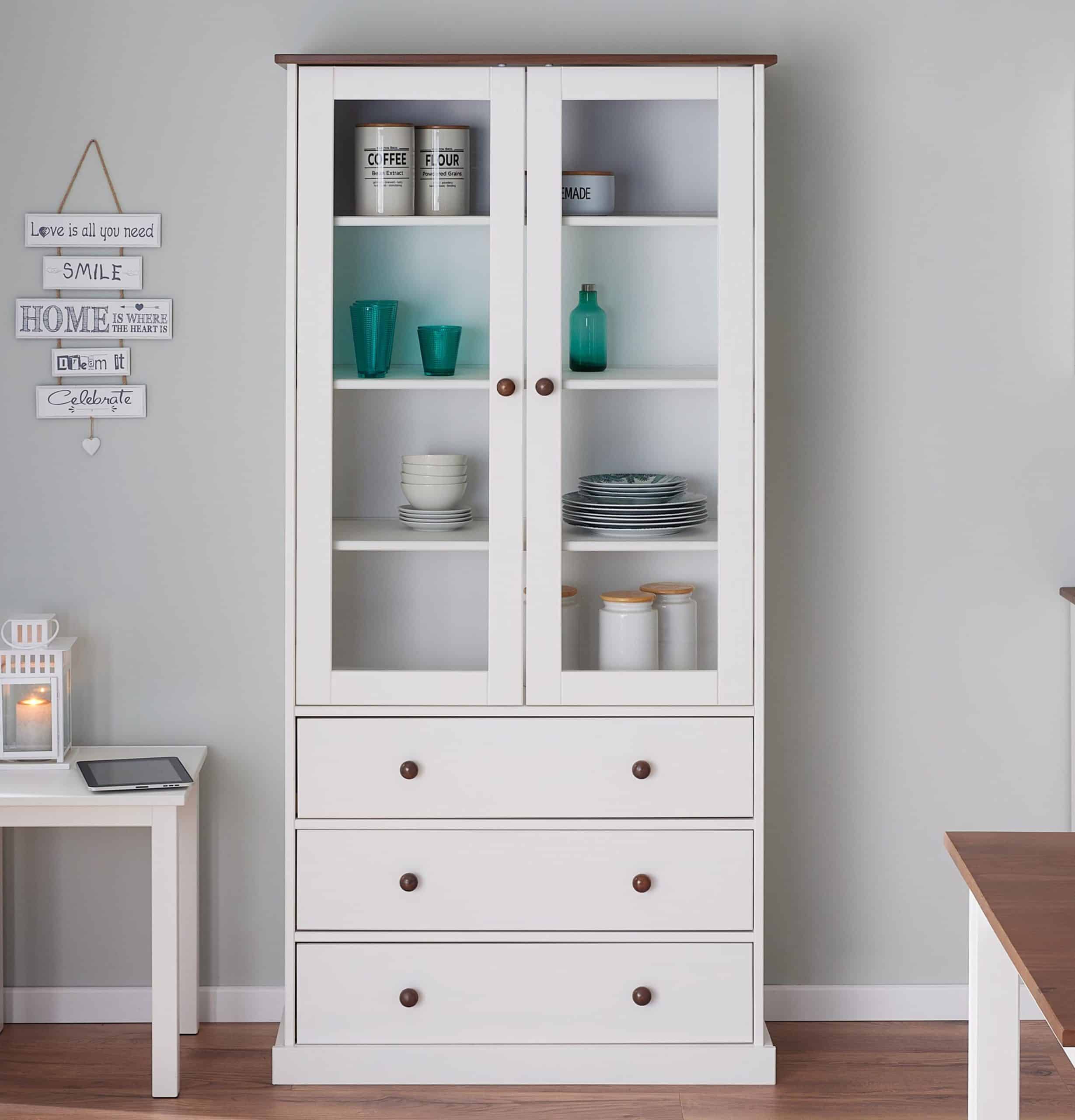 Inter Link FSC Vitrine Westerland mit 3 Schubladen und 2 Glastüren - Kiefer Massivholz - Weiss