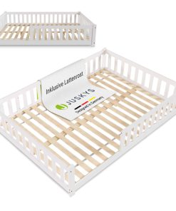 Juskys Kinderbett Naya 140x200 cm - Bett mit Rausfallschutz & Lattenrost - Holz Bodenbett Kinder Weiß