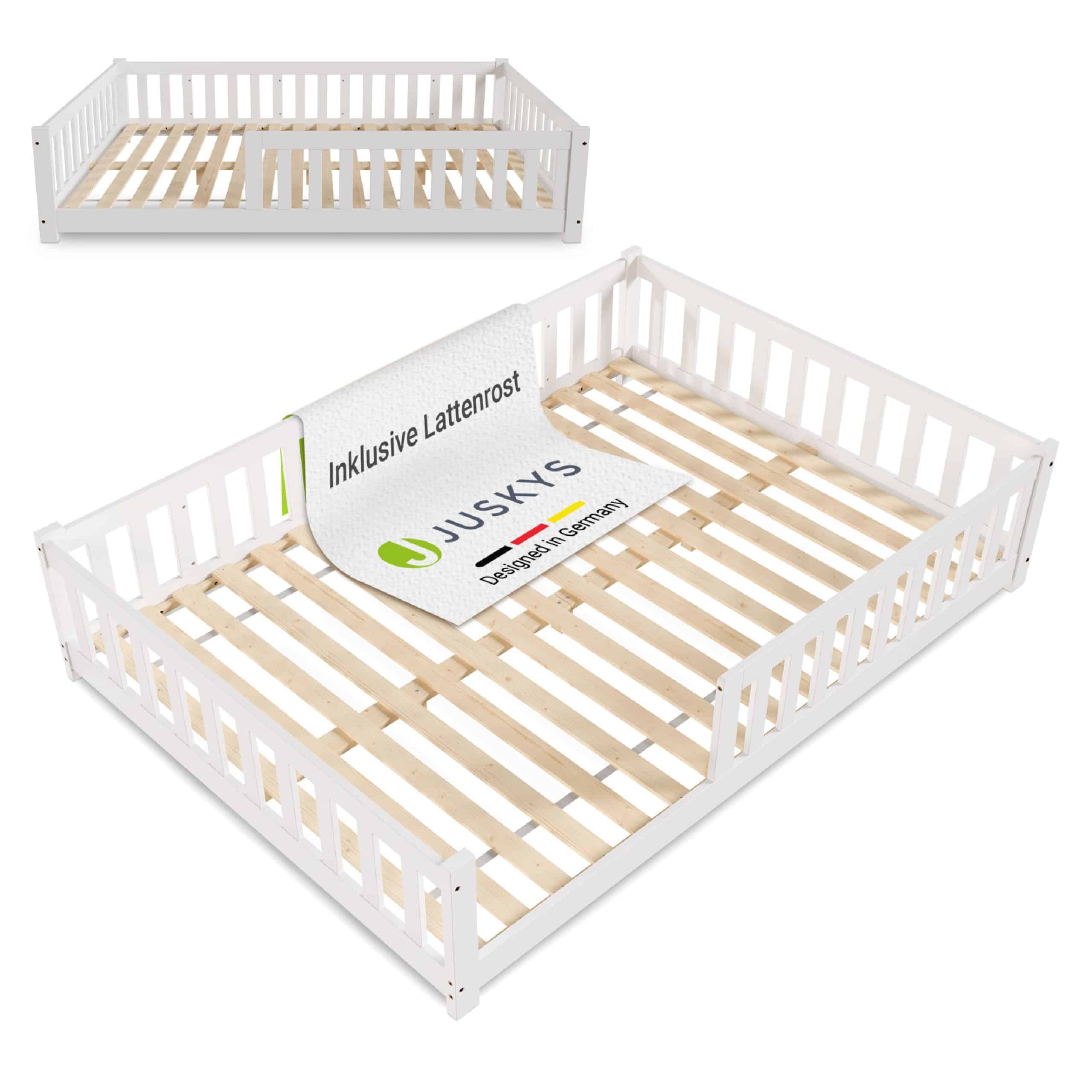 Juskys Kinderbett Naya 140x200 cm - Bett mit Rausfallschutz & Lattenrost - Holz Bodenbett Kinder Weiß