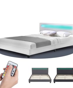 Juskys Polsterbett Paris 160x200 cm – Bett mit LED Beleuchtung & Lattenrost – Doppelbett weiß