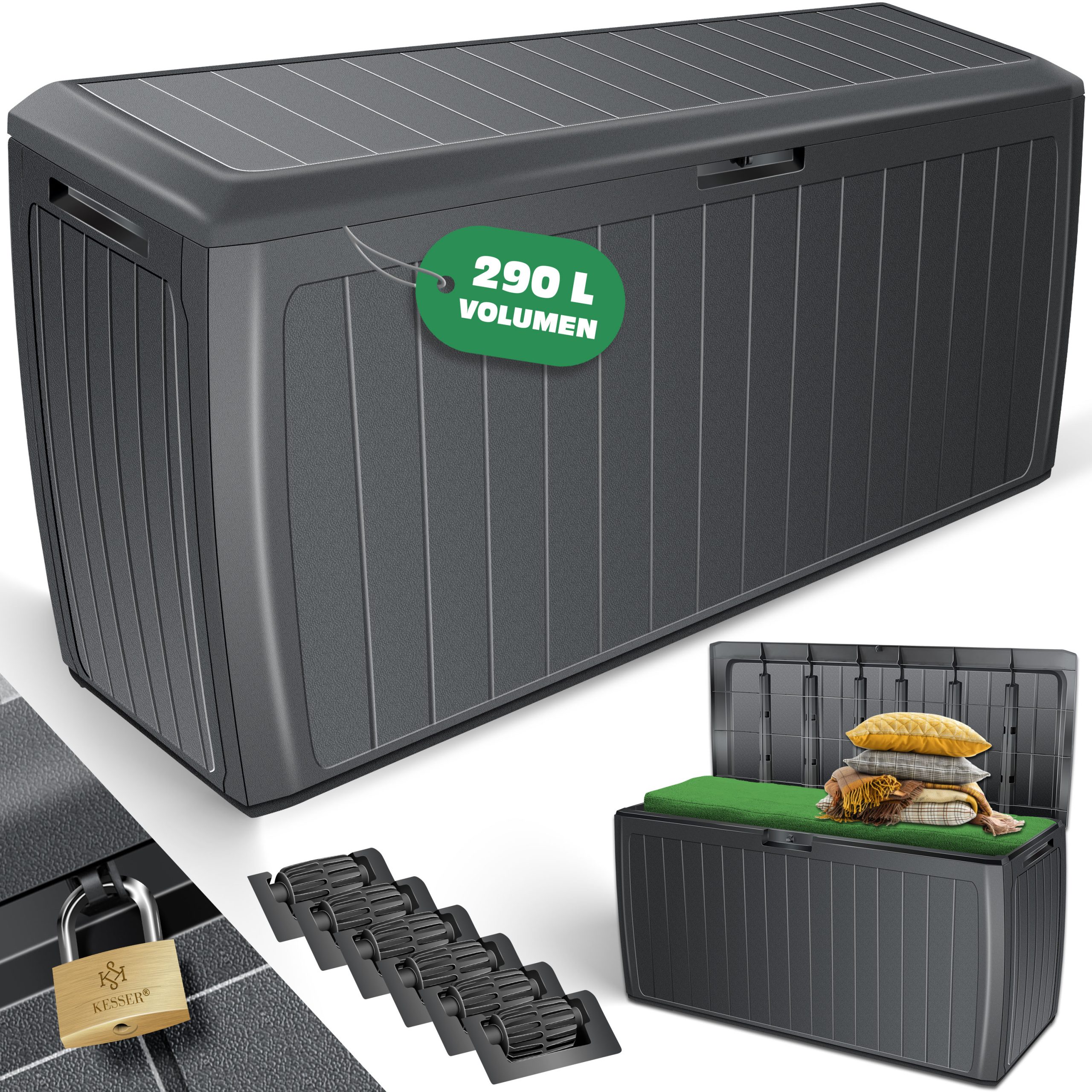 KESSER® Auflagenbox Kissenbox 290 Liter mit abschließbarem Deckel Haltegriffe Gartenbox