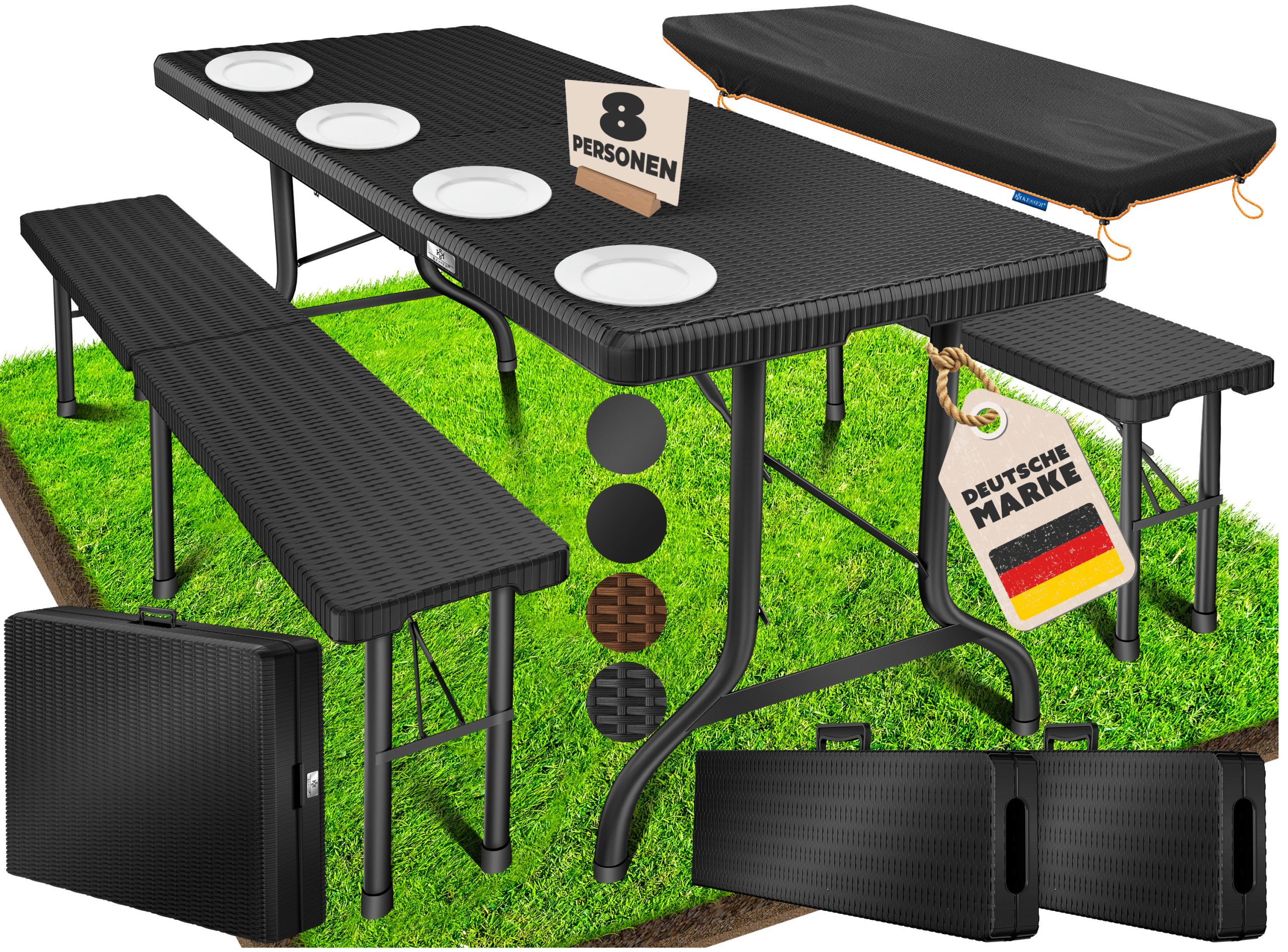 KESSER® Bierzeltgarnitur 3-teilig Set Tisch & 2x Bank   Buffettisch für drinnen & draußen Gartengarnitur klappbar 183x76x74cm Kunststoff Klapptisch Gartentisch inkl. Abdeckung & Tragegriffe