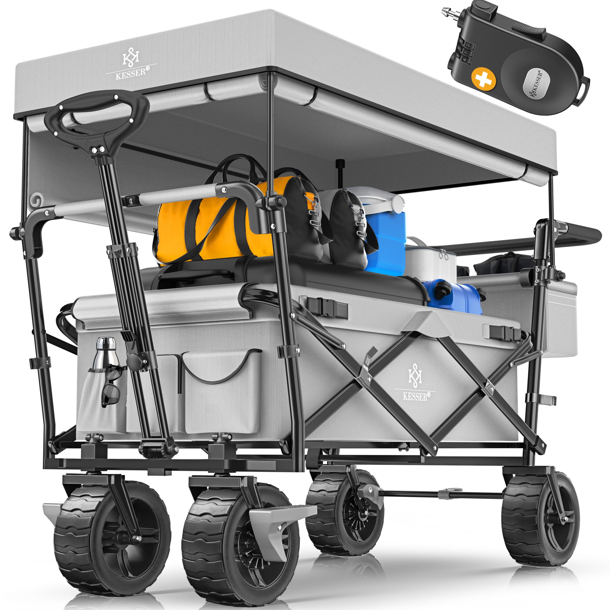 KESSER® Bollerwagen faltbar GT9000 Handwagen mit Dach   Transportwagen max. belastbar bis 150kg mit Hartgummi-Räder & Feststellbremsen (Vorne & Hinten)   Inkl. Schloss