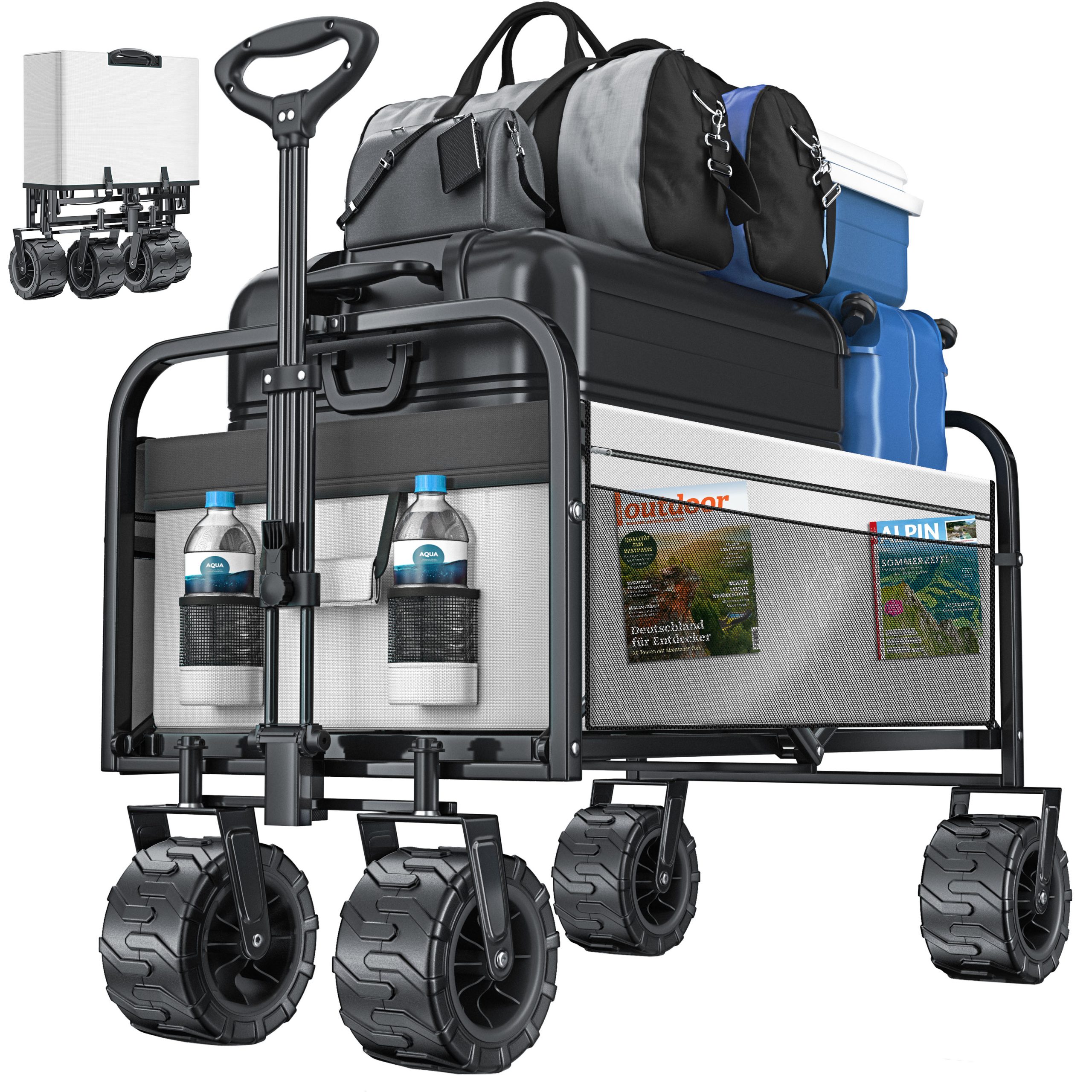 KESSER® Bollerwagen faltbar mit Breite Reifen Handwagen Transportkarre Gerätewagen   inkl. 2 Netztaschen   klappbar   Kunststoff-Reifen   bis 150 kg Tragkraft transportwagen Gartenanhänger