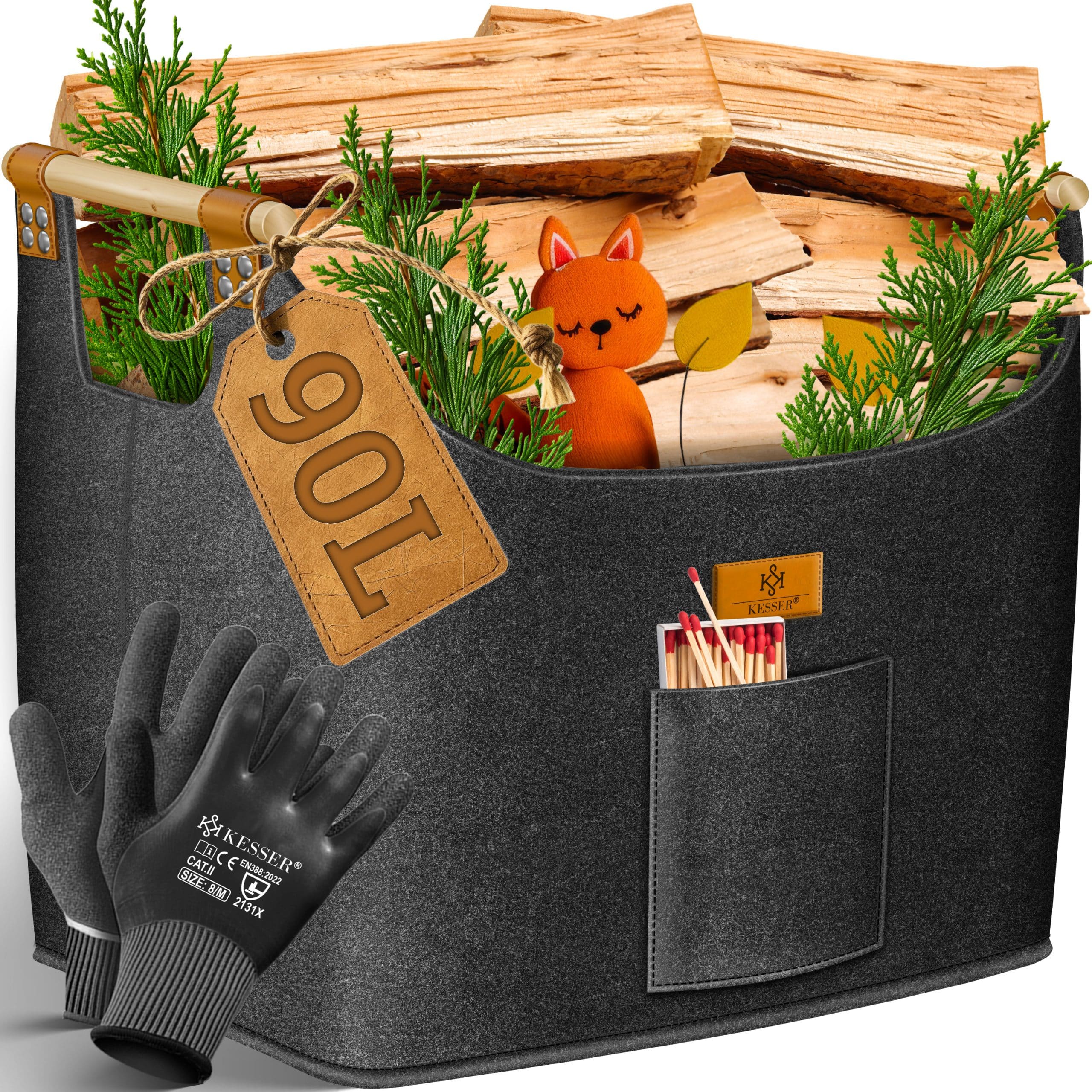 KESSER® Brennholzkorb Kaminholztasche extra dicker Filz Feuerholzkorb faltbar mit verstärkten Holzgriffen Aufbewahrungskorb für Holz