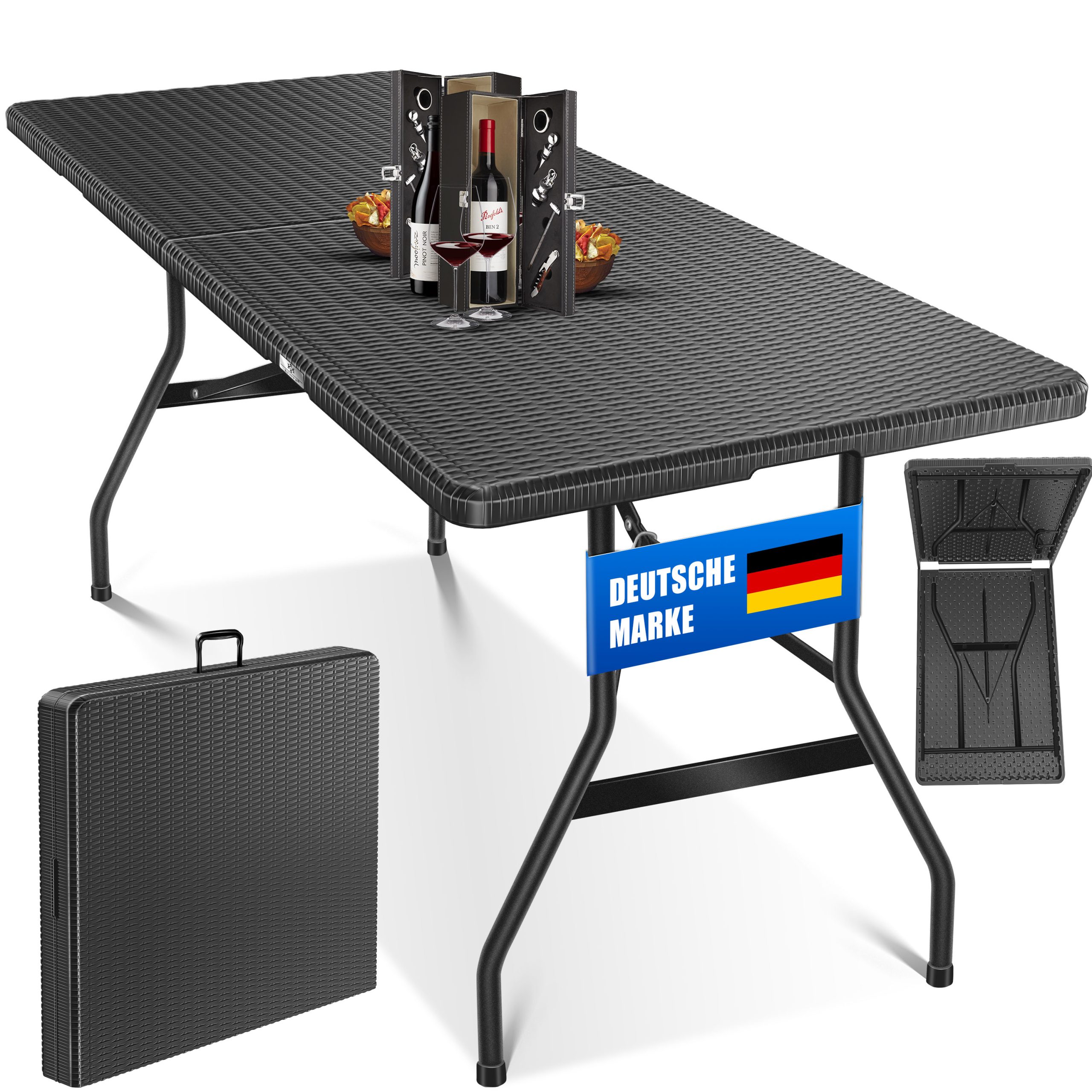 KESSER® Buffettisch Tisch klappbar Kunststoff 183x76 cm Rattan Optik Campingtisch Partytisch Klapptisch Gartentisch für Garten Terrasse und Balkon zusammenklappbar 6 Personen ink. Tragegriff