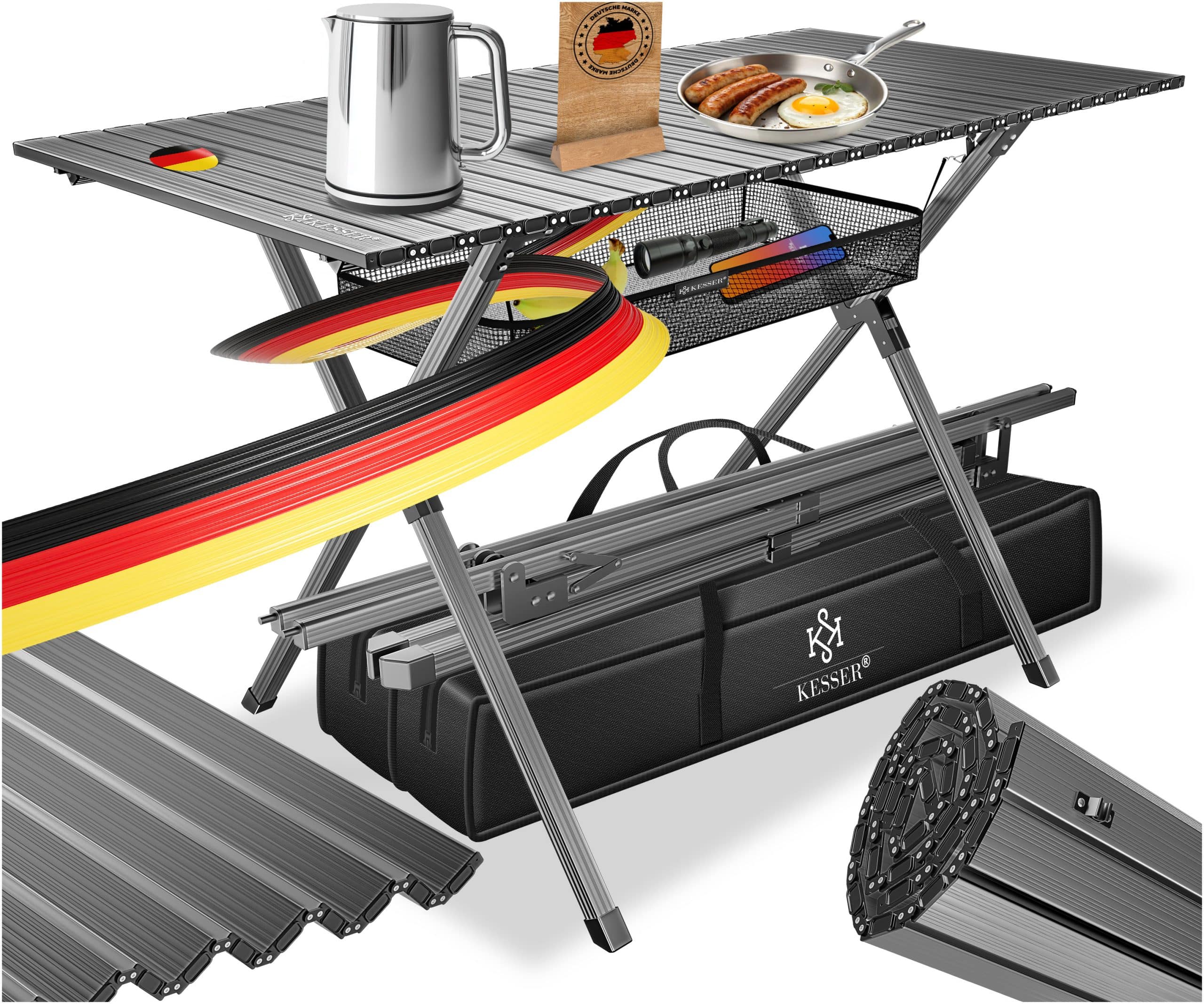 KESSER® Campingtisch faltbar Klapptisch mit Aluminiumrahmen Aufrollbare Tischplatte Falttisch klappbar 145x70x70cm bis 100kg inkl. Tragetasche mit Trageband & Netztasche