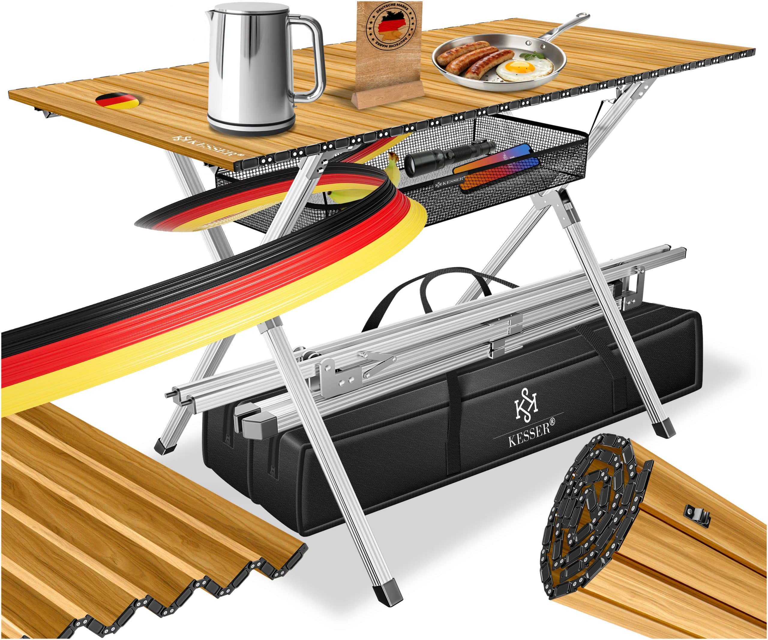 KESSER® Campingtisch faltbar Klapptisch mit Aluminiumrahmen Aufrollbare Tischplatte Falttisch klappbar inkl. Tragetasche mit Trageband & Netztasche