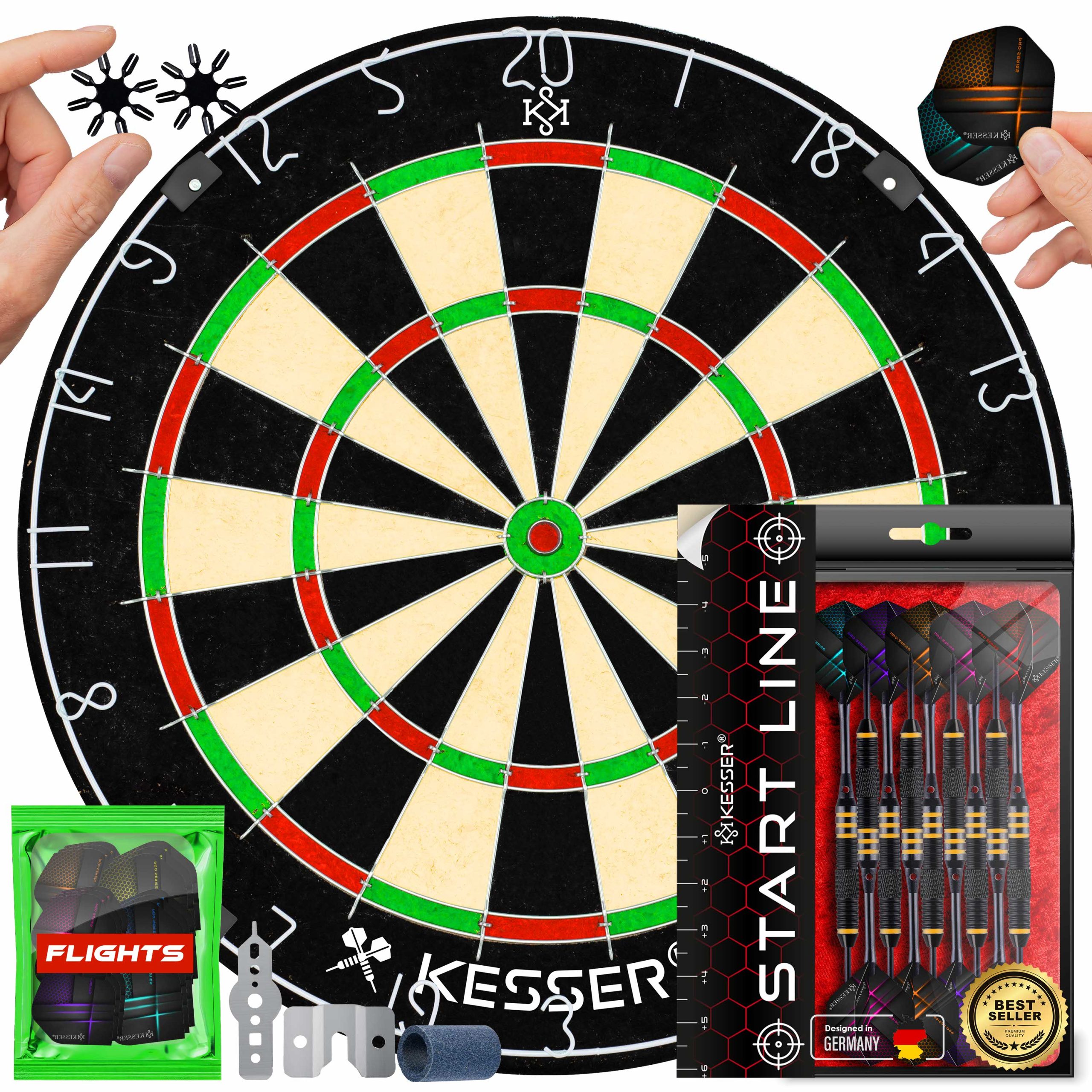 KESSER® Dartscheibe kork mit 9 Dartpfeile Professional Dartboard + 21 Pro Flights + Zubehör Steeldart Offizielles Dartscheibe 9 Pfeilen Metallspitze Profi Steeldartscheibe - Dartboard inkl. Montageset