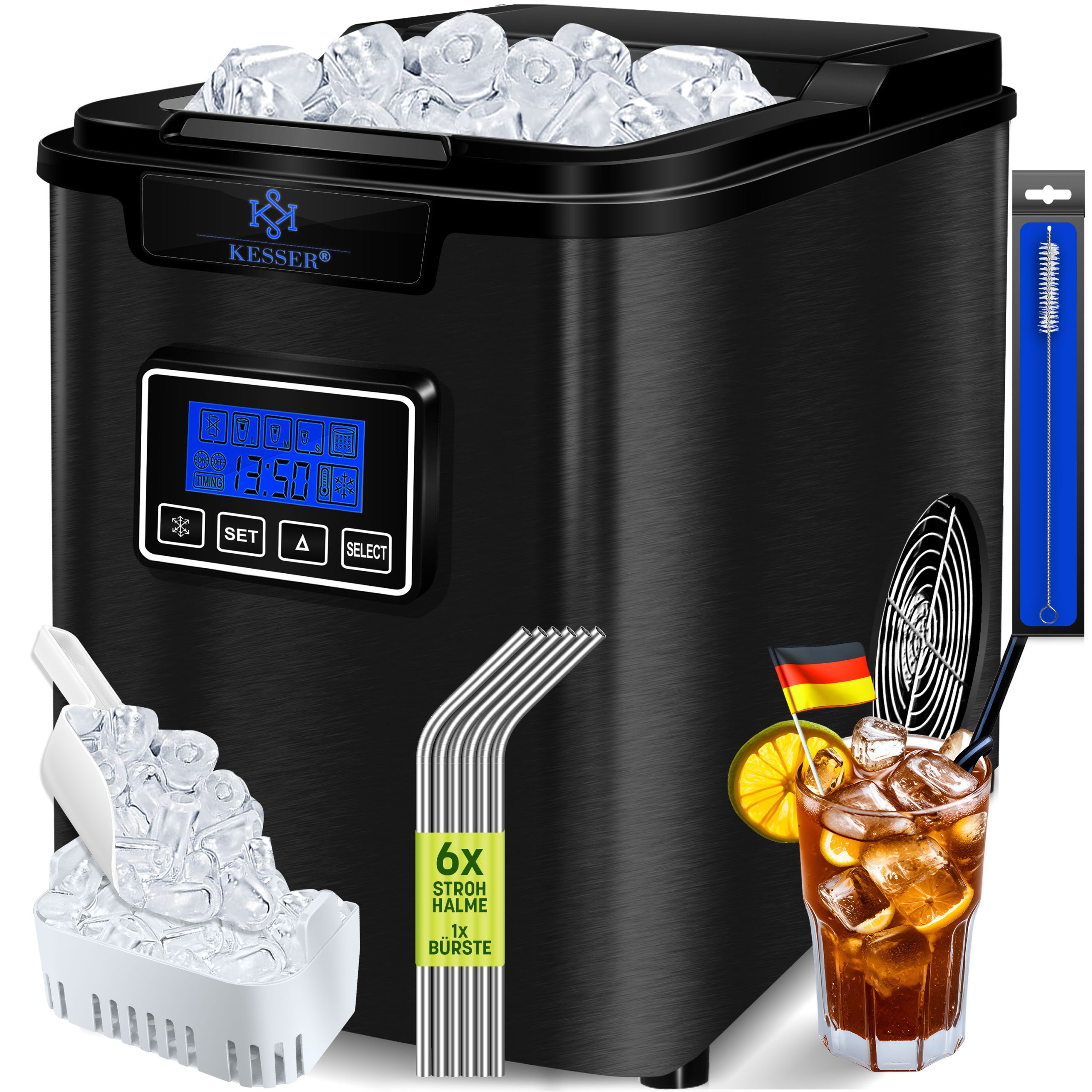 KESSER® Eiswürfelbereiter   Eiswürfelmaschine Edelstahl   150W  Ice Maker   12 kg 24 h   3 Würfelgrößen   Zubereitung in 6 min   2