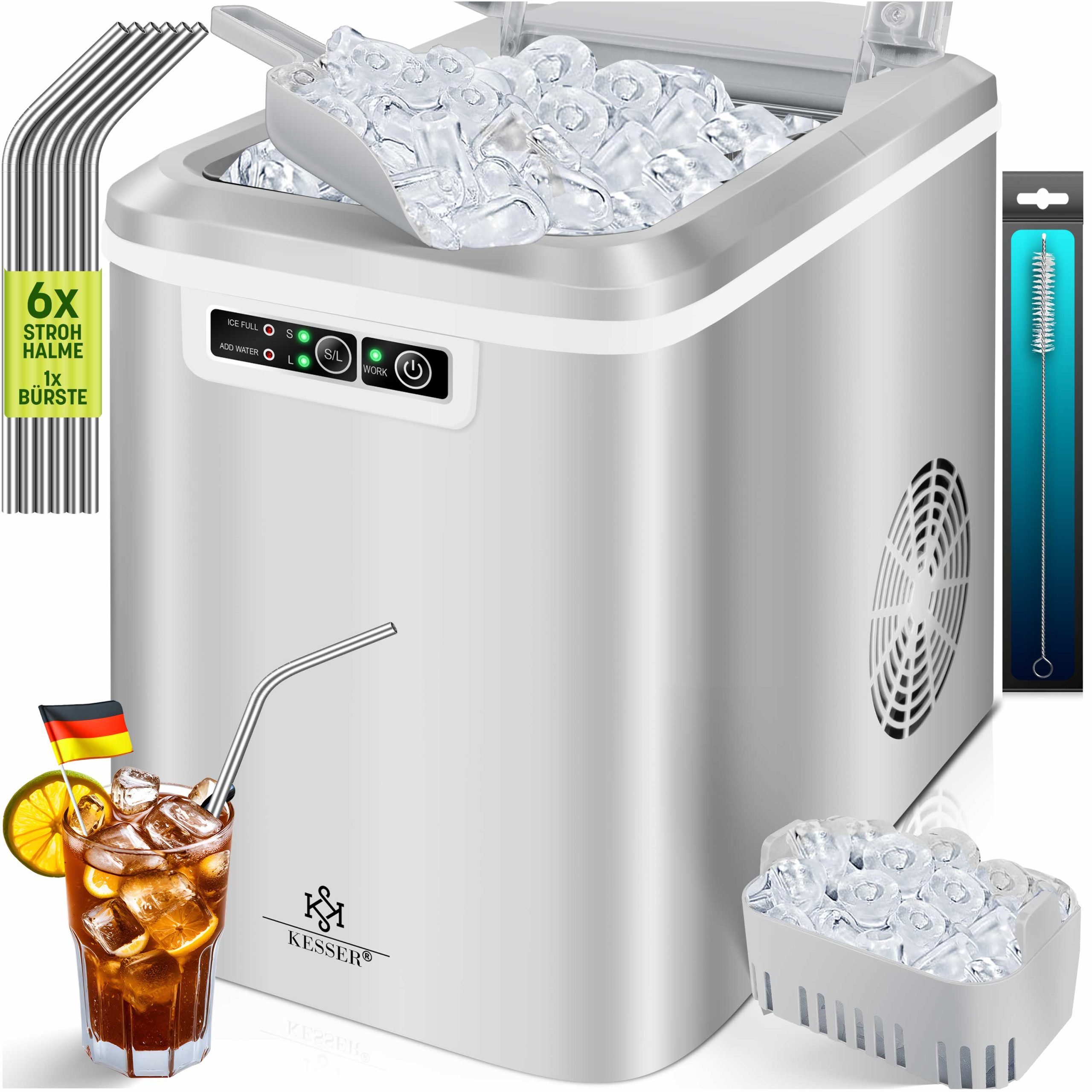 KESSER® Eiswürfelbereiter   Eiswürfelmaschine Edelstahl   Ice Maker   12 in 24h   Zubereitung in 7 min   2