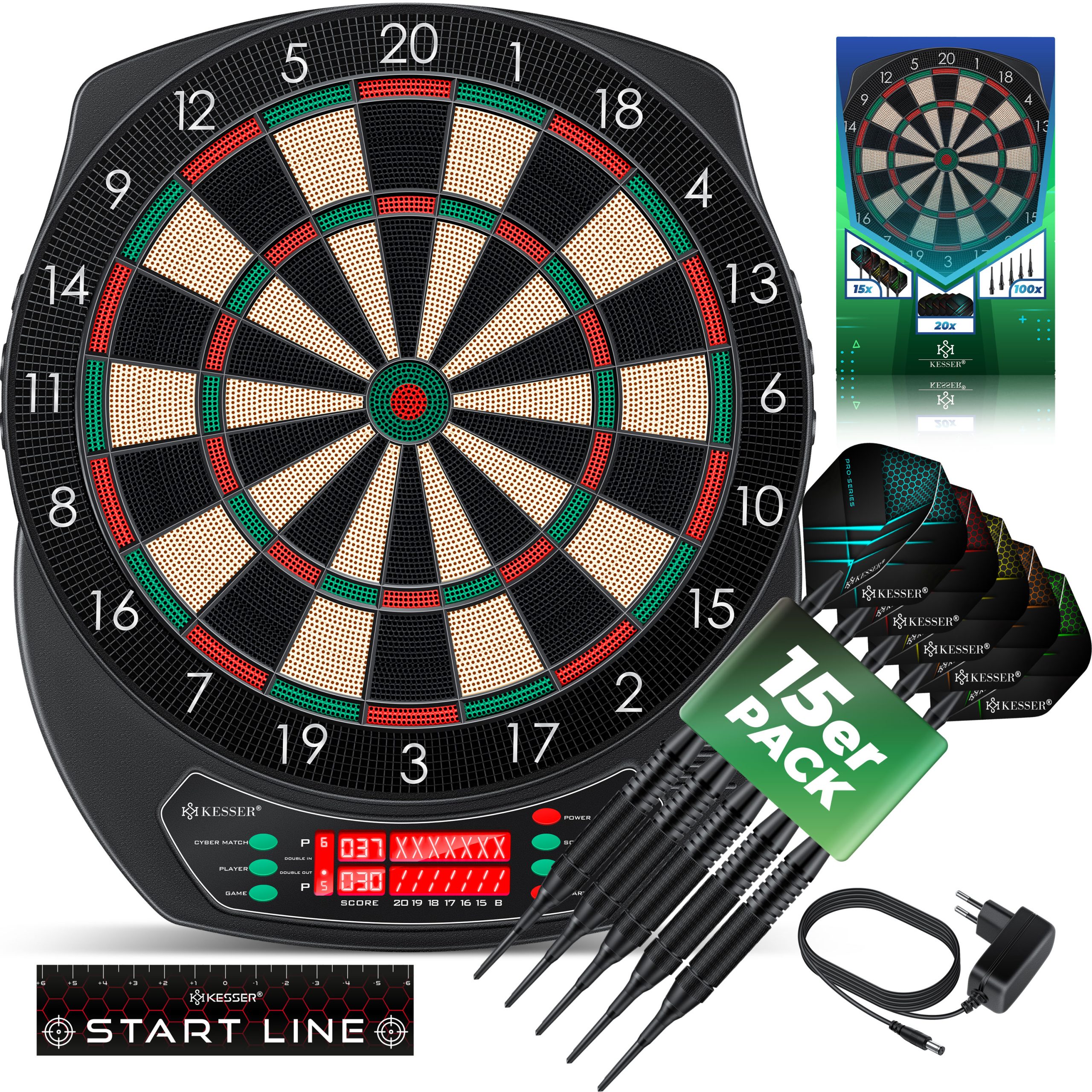 KESSER® Elektronische Dartscheibe Profi Set - E Dartboard mit 15 Dartpfeile + 35 Pro Flights 100 Pfeilspitzen + Zubehör Dart für 1 bis 8 Spieler Innovativer elektronisch Dartautomat mit 65 Varianten
