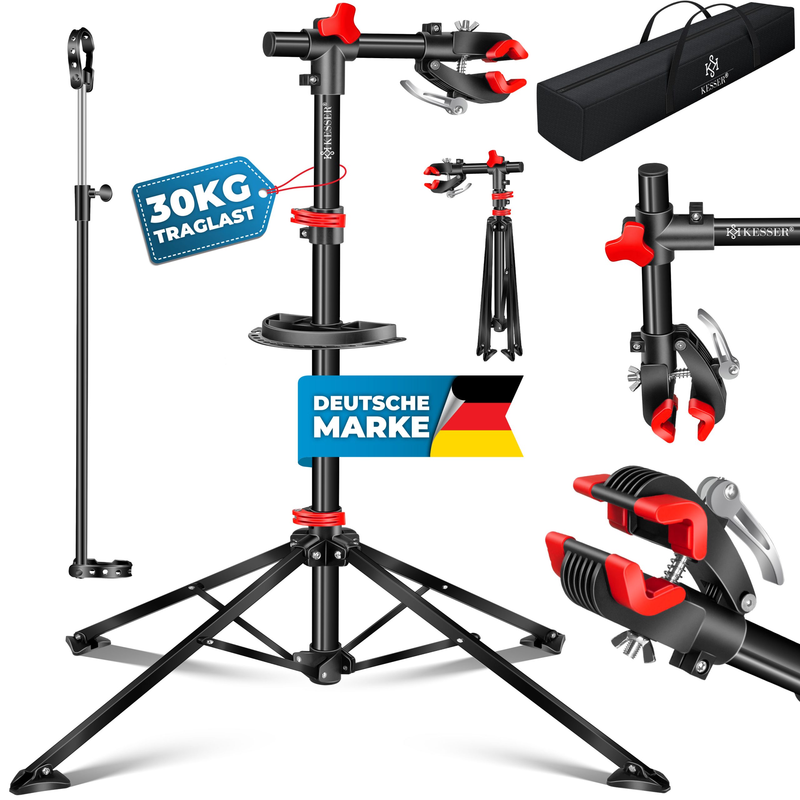 KESSER® Fahrradmontageständer Profi Reparaturständer Fahrradständer + Tasche Fahrradreparaturständer bis 30 kg Fahrrad Montageständer inkl. Werkzeugschale + Magnetfach