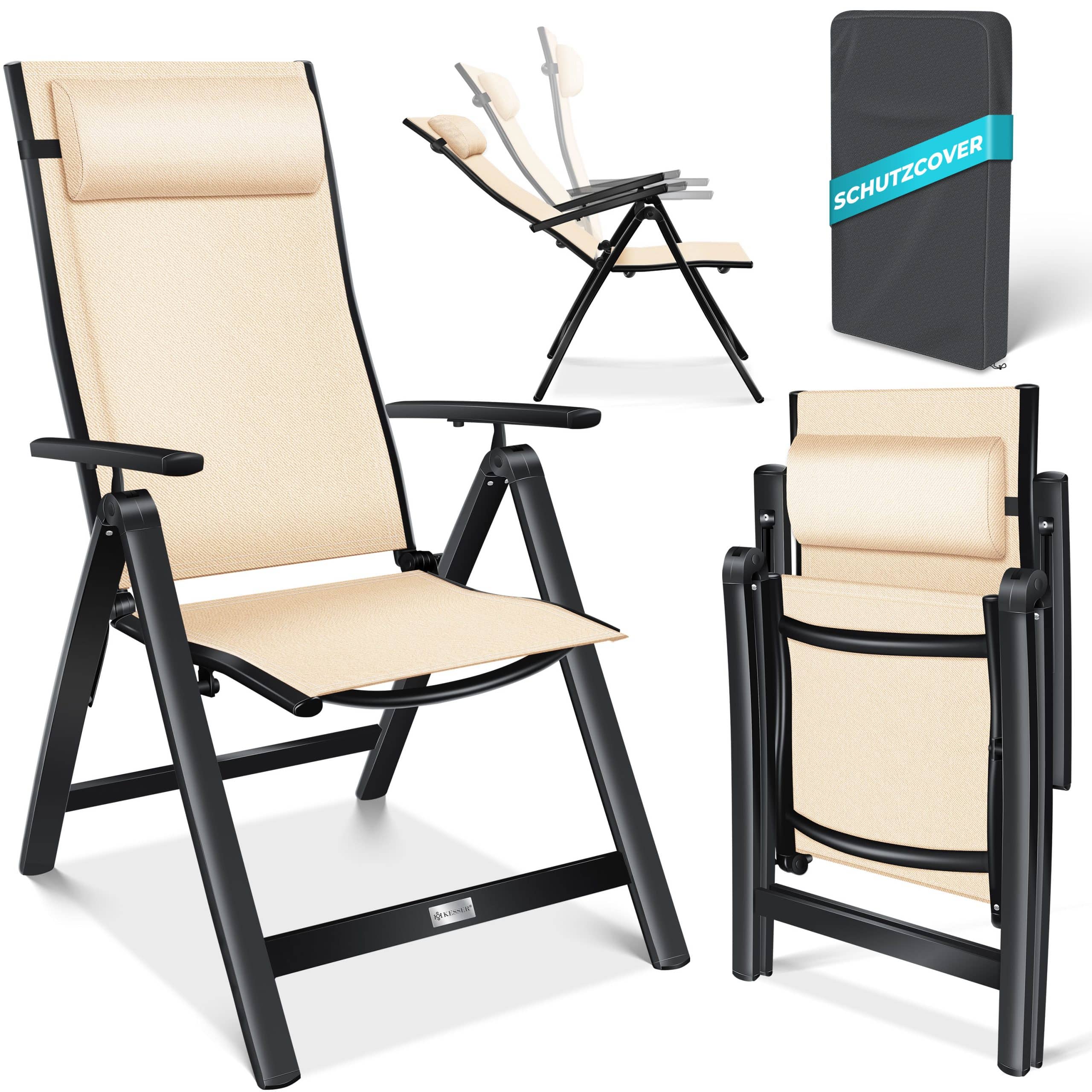 KESSER® Gartenstuhl Hochlehner mit Armlehnen   Aluminium Klappstuhl inkl. Kopfkissen Campingstuhl 7-Fach Verstellbar Rückenlehne   Atmungsaktiv & Wetterfest   Klappbar & Anti-Rutsch