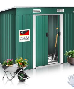 KESSER® - Gerätehaus L Metall 4 m³ mit Fundament   210x122x186 cm   2x Schiebetür & Fundament   Geräteschuppen   Gartenhaus Schrank   Pultdach Garten Schuppen   Inkl. Arbeitshandschuhe