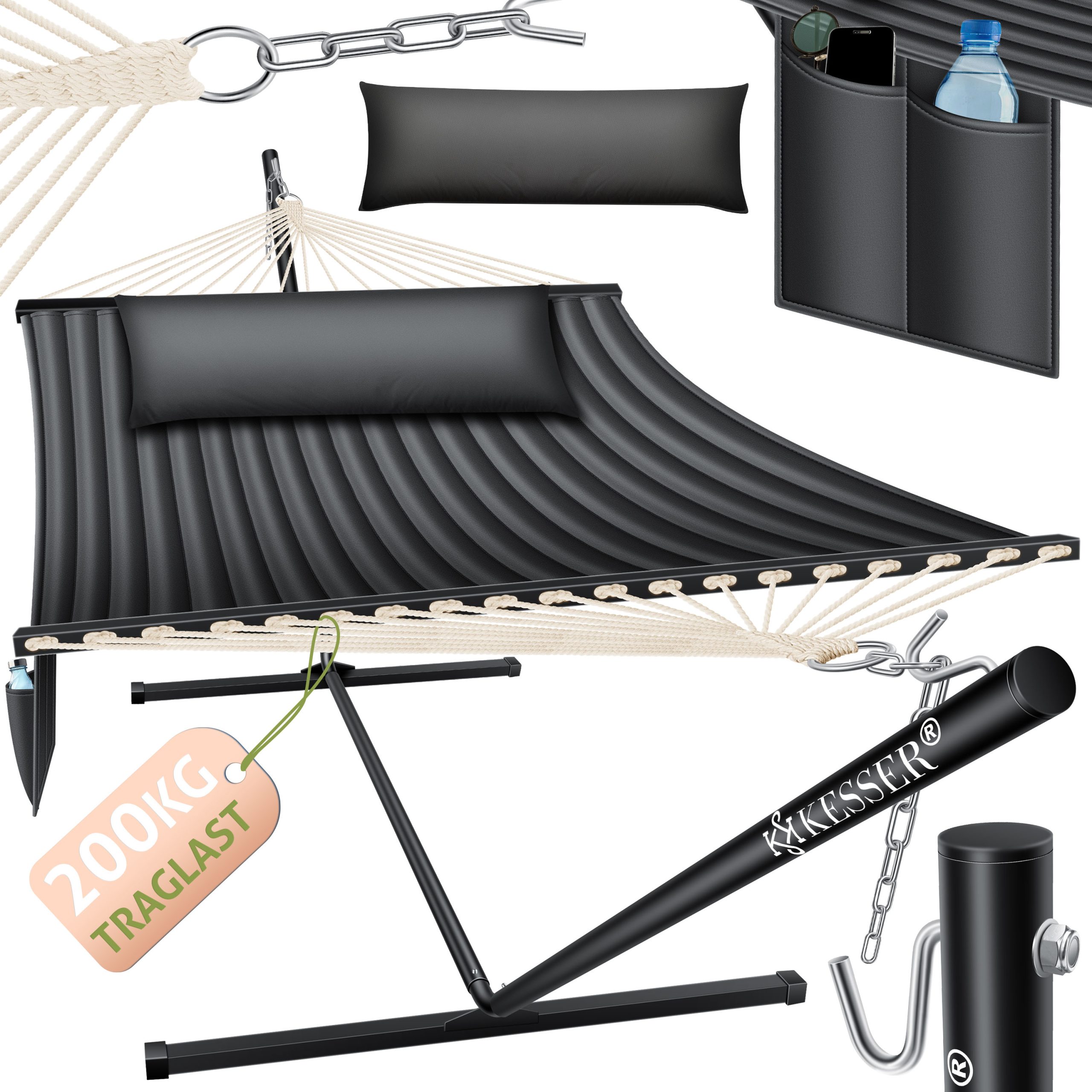 KESSER® Hängematte HILL mit Gestell Kissen Doppelhängematte für 2 Personen-Stabiler Rahmen -200kg Belastbarkeit Indoor & Outdoor XXL Hängesessel Doppel Mehrpersonen Garten Pool Balkon Terrasse