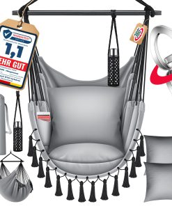 KESSER® Hängesessel mit 2 Kissen Getränkehalter & Bücherfach - Safari XXL Hängestuhl für Erwachsene & Kinder Hängematte bis 150 kg Hängesitz Aufhängung Indoor & Outdoor Wohn & Garten Terrasse